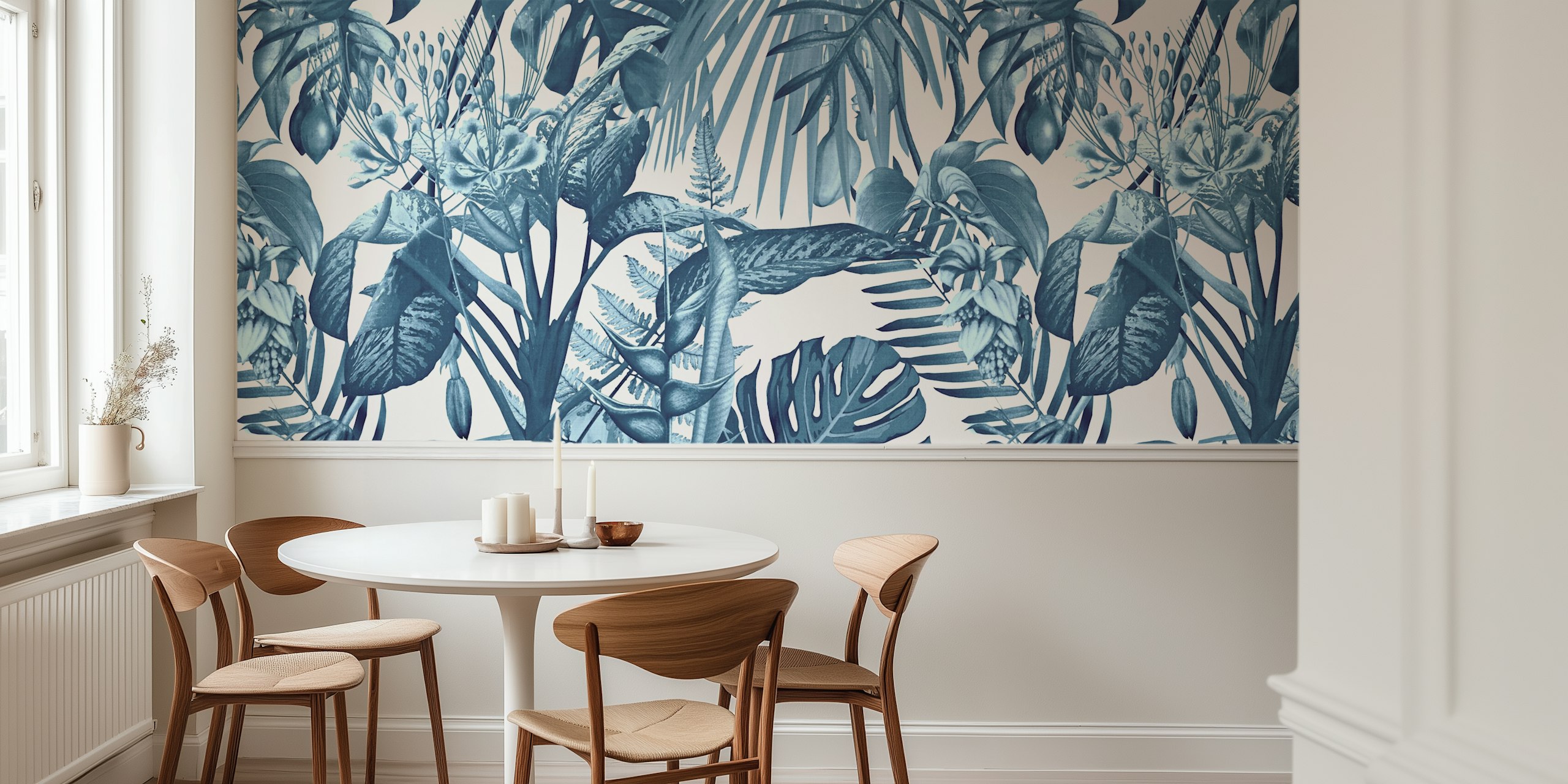 Blue tropical botanical leaves wallpaper featuring various plants