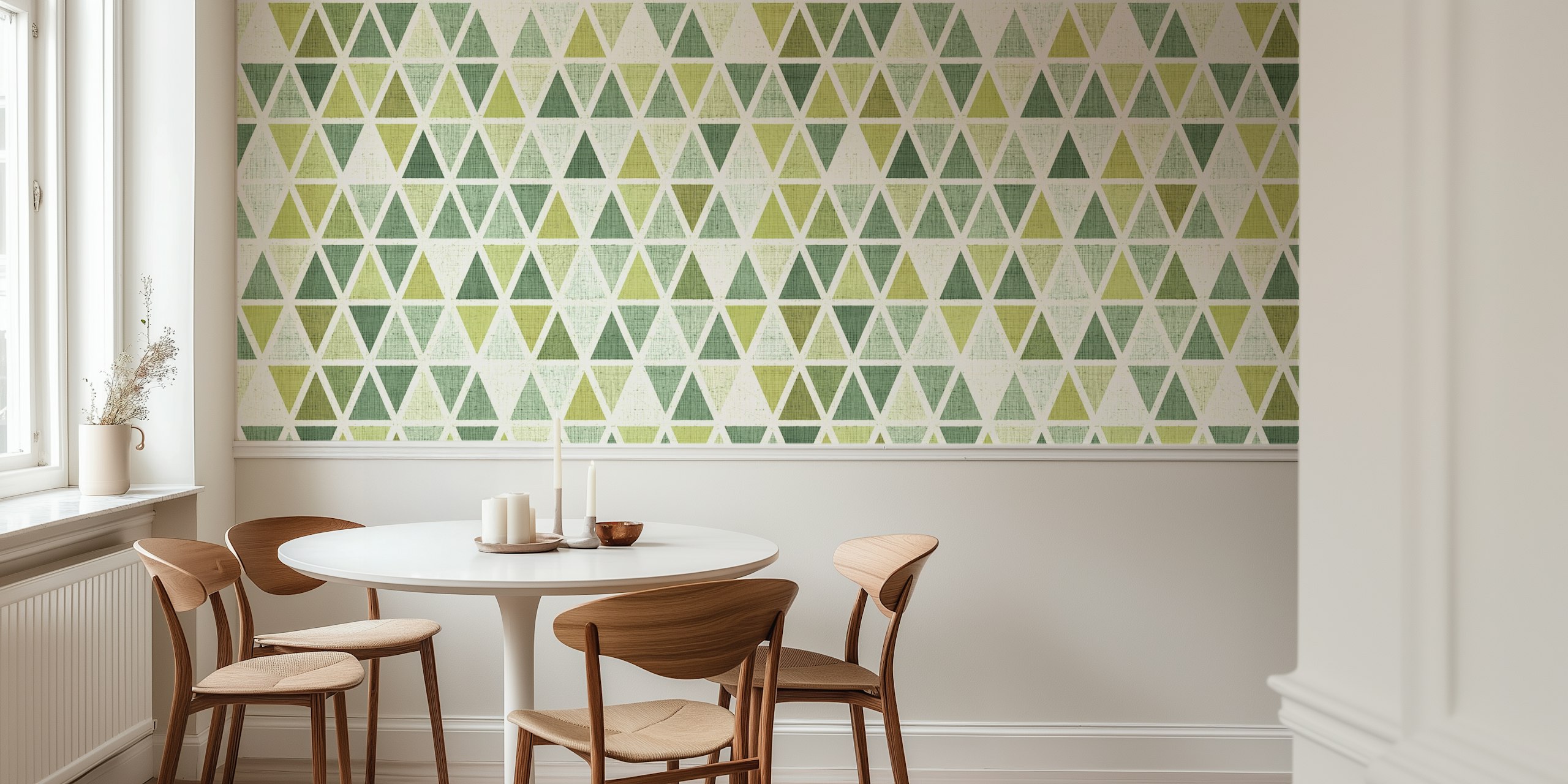 Geometric triangle pattern in green and cream colors wallpaper