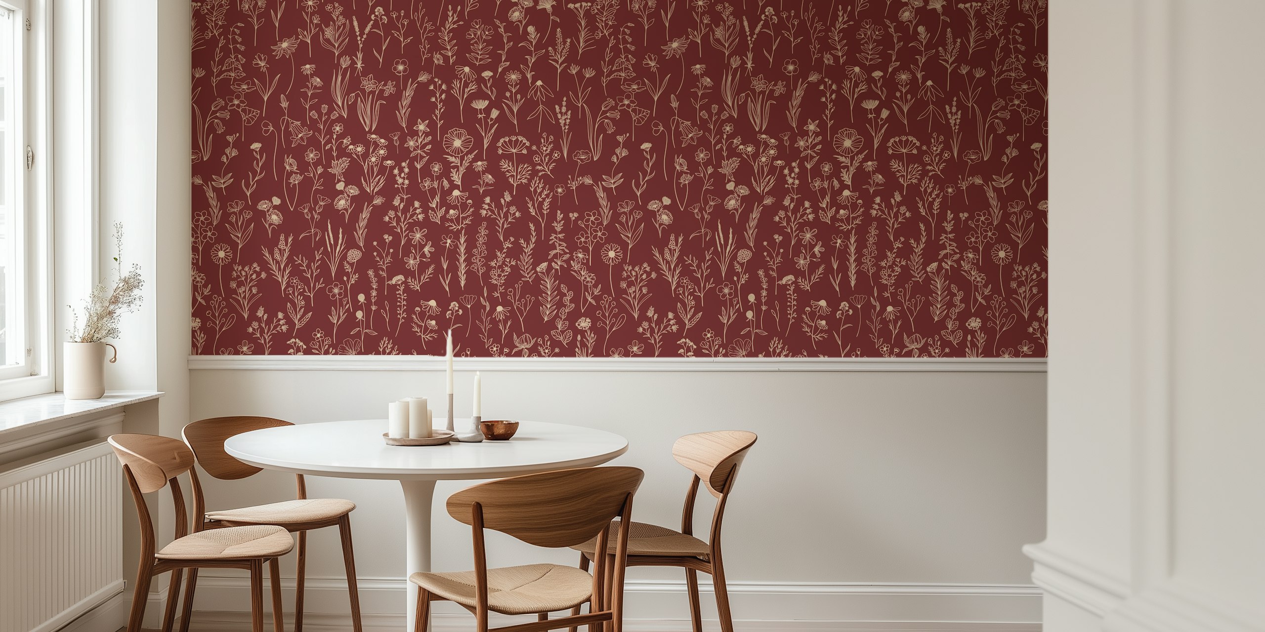 Burgundy floral pattern wallpaper with delicate line drawings