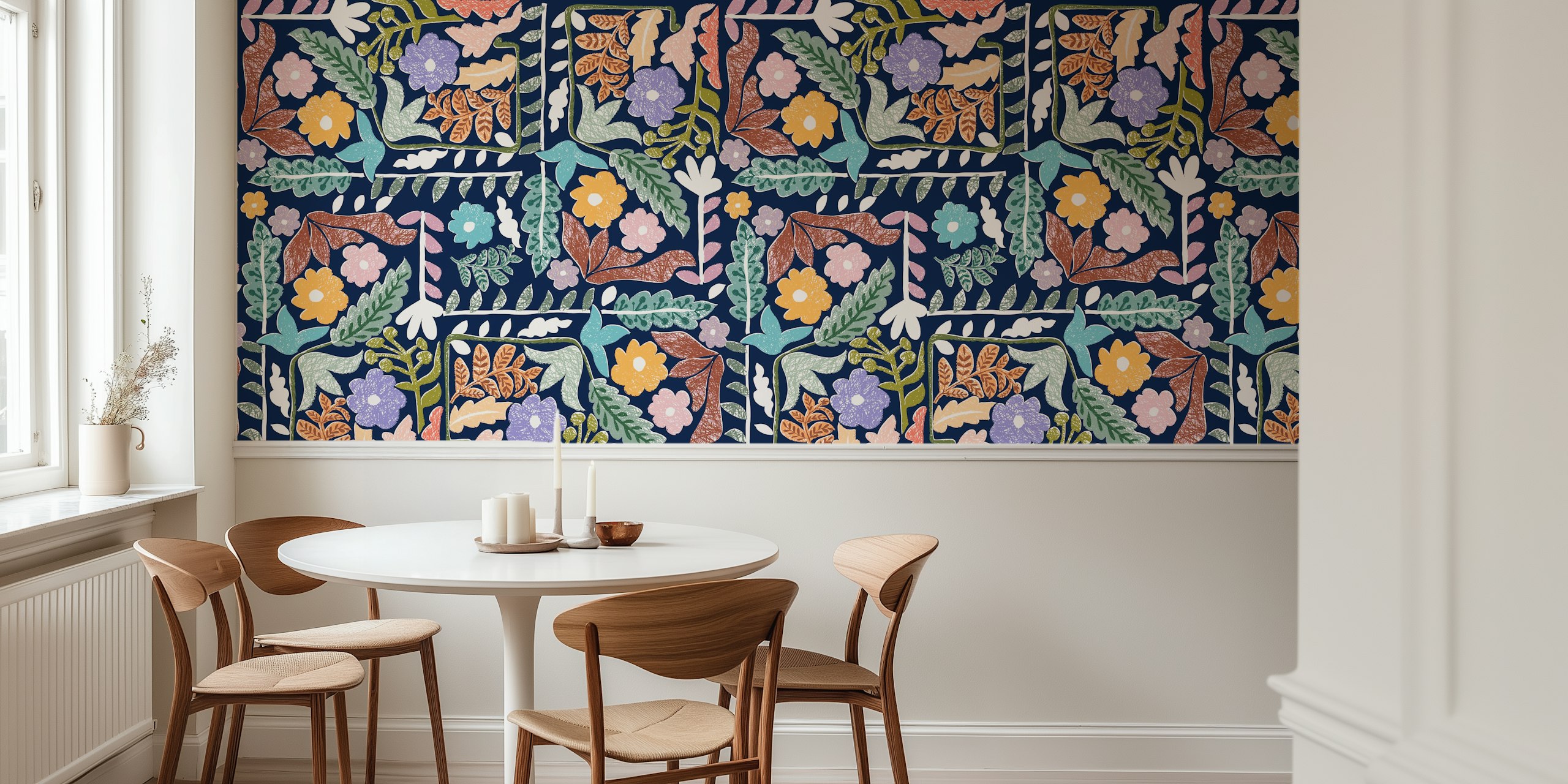 Floral geometric dark blue wallpaper with pink and green patterns