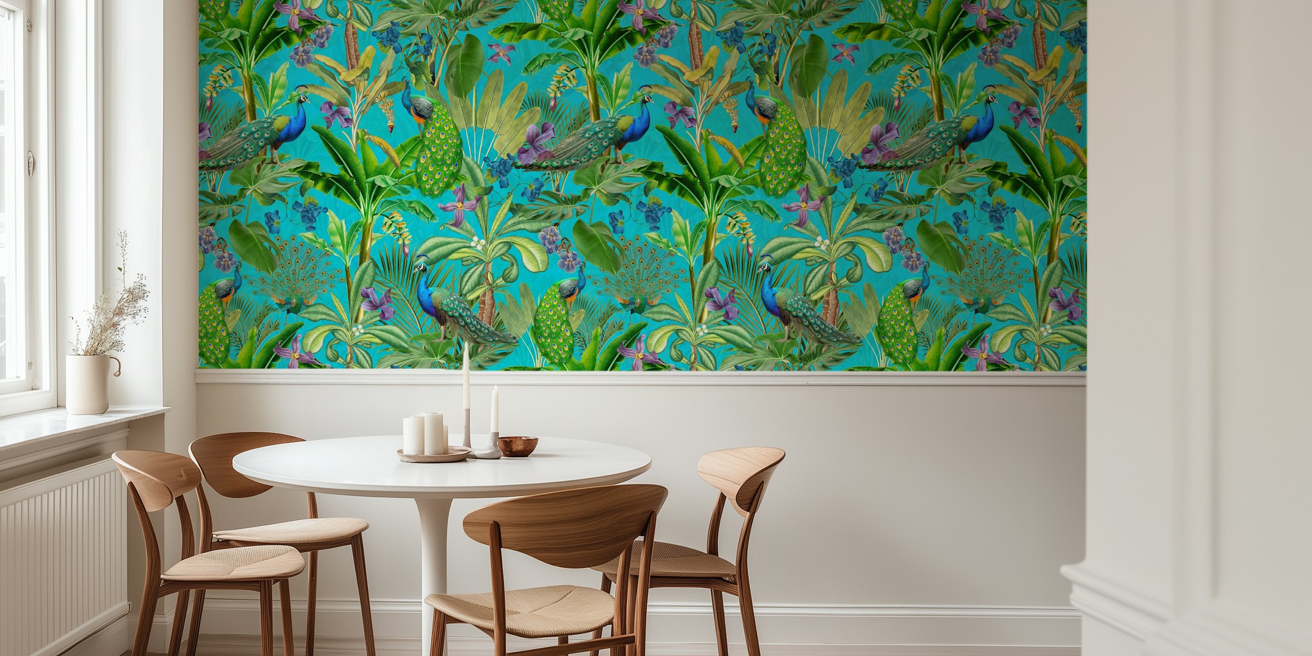 Design de papier peint tropical Rainforest Vintage Peacock