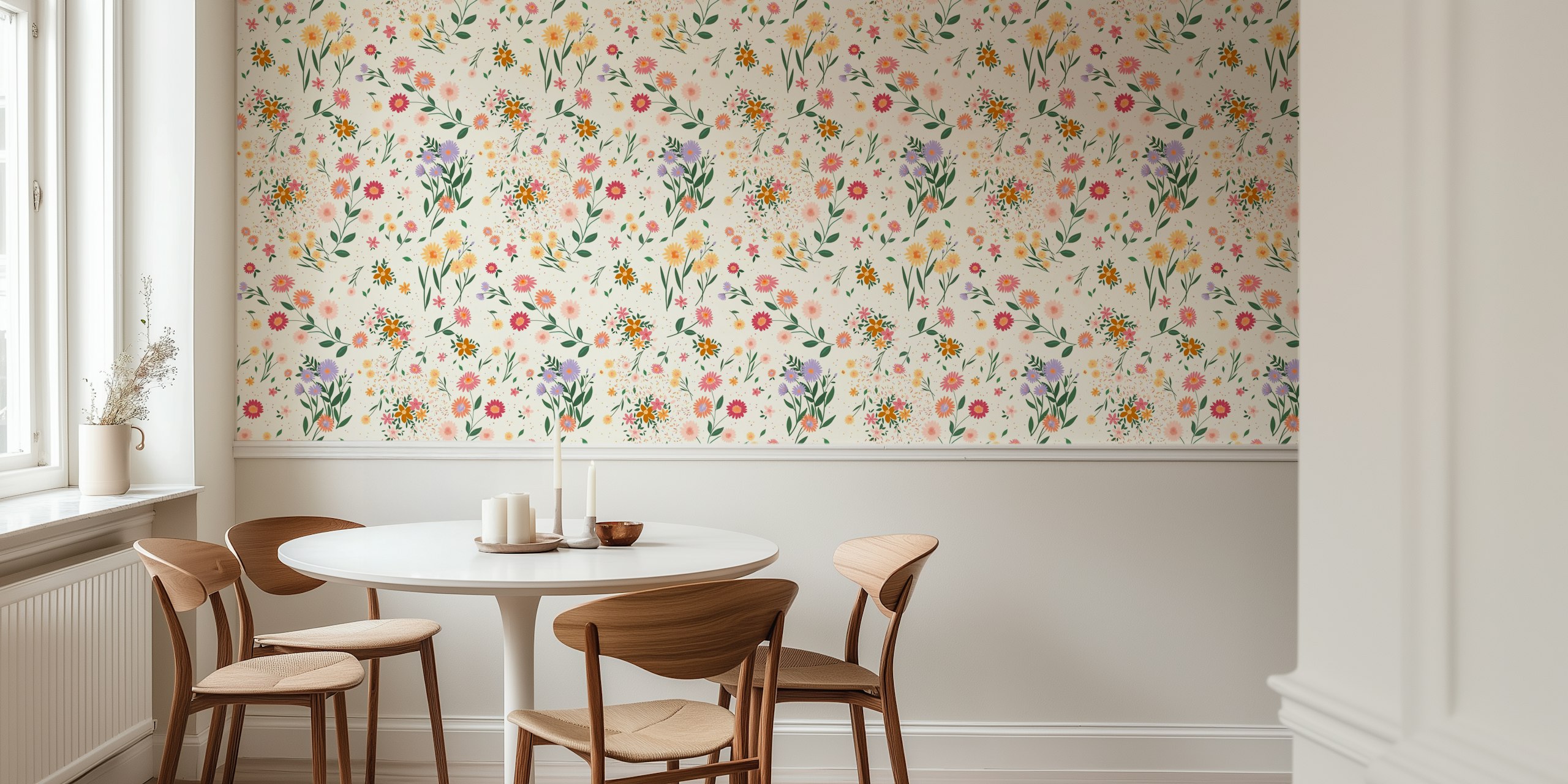 Floral wallpaper with colorful flowers in a room