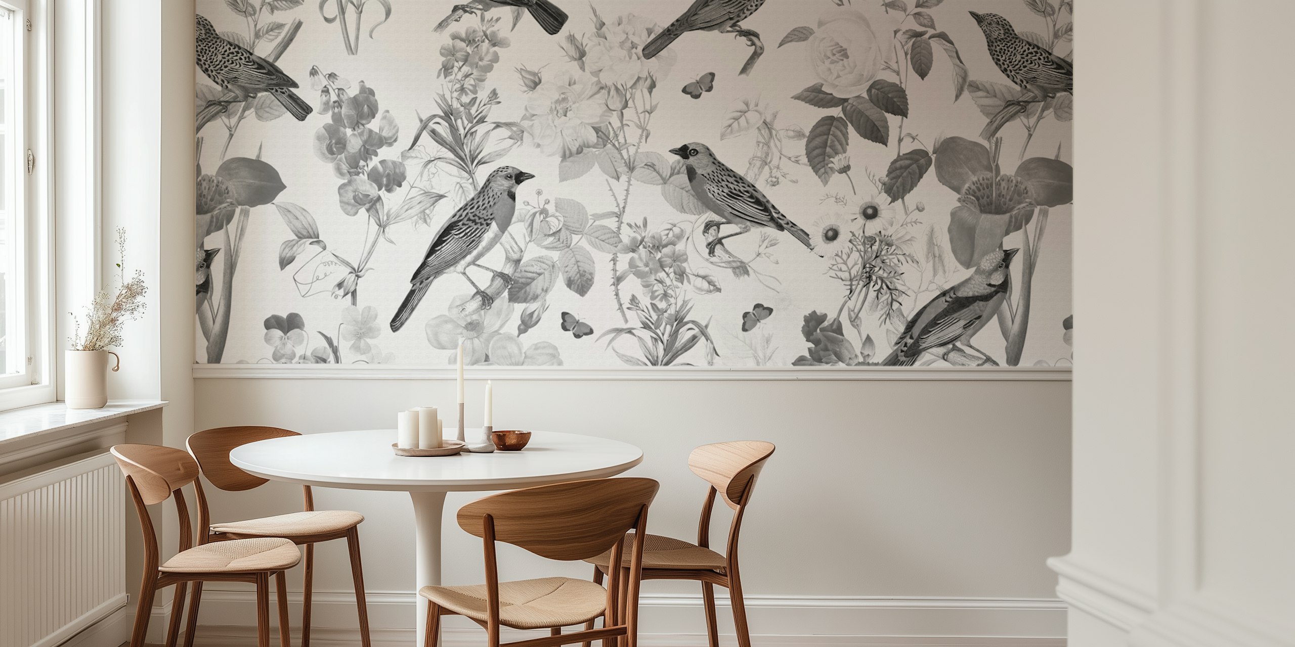 Black floral wallpaper featuring birds and flowers in monochrome style