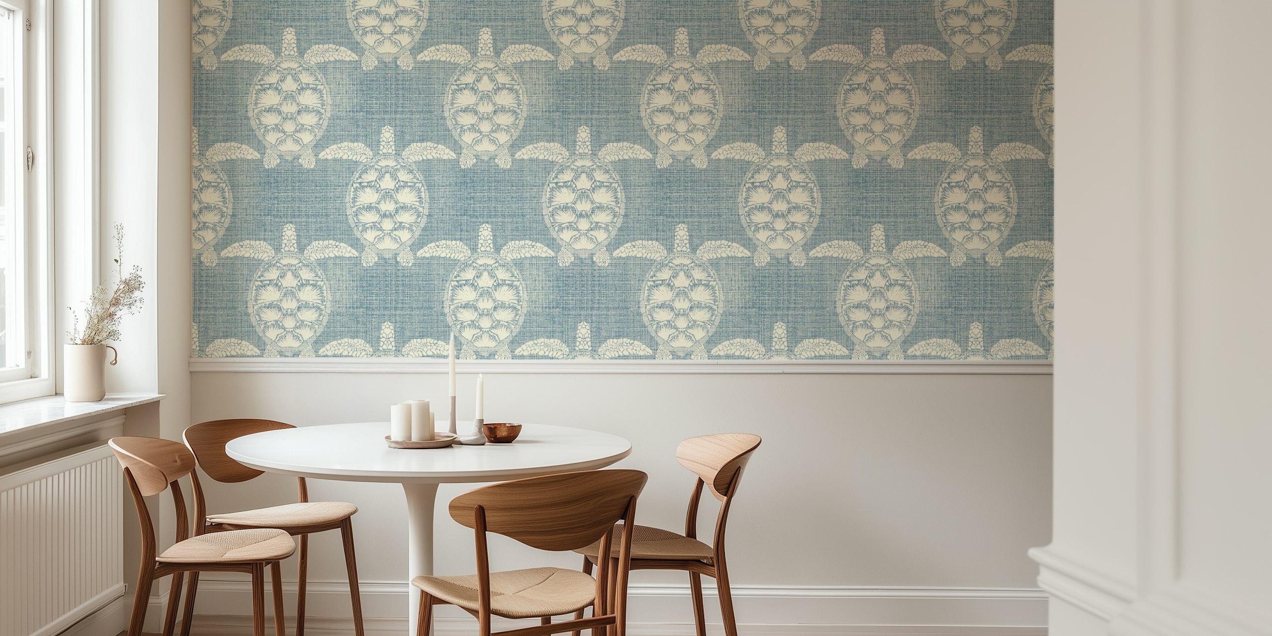 Denim blue sea turtle wallpaper in a room