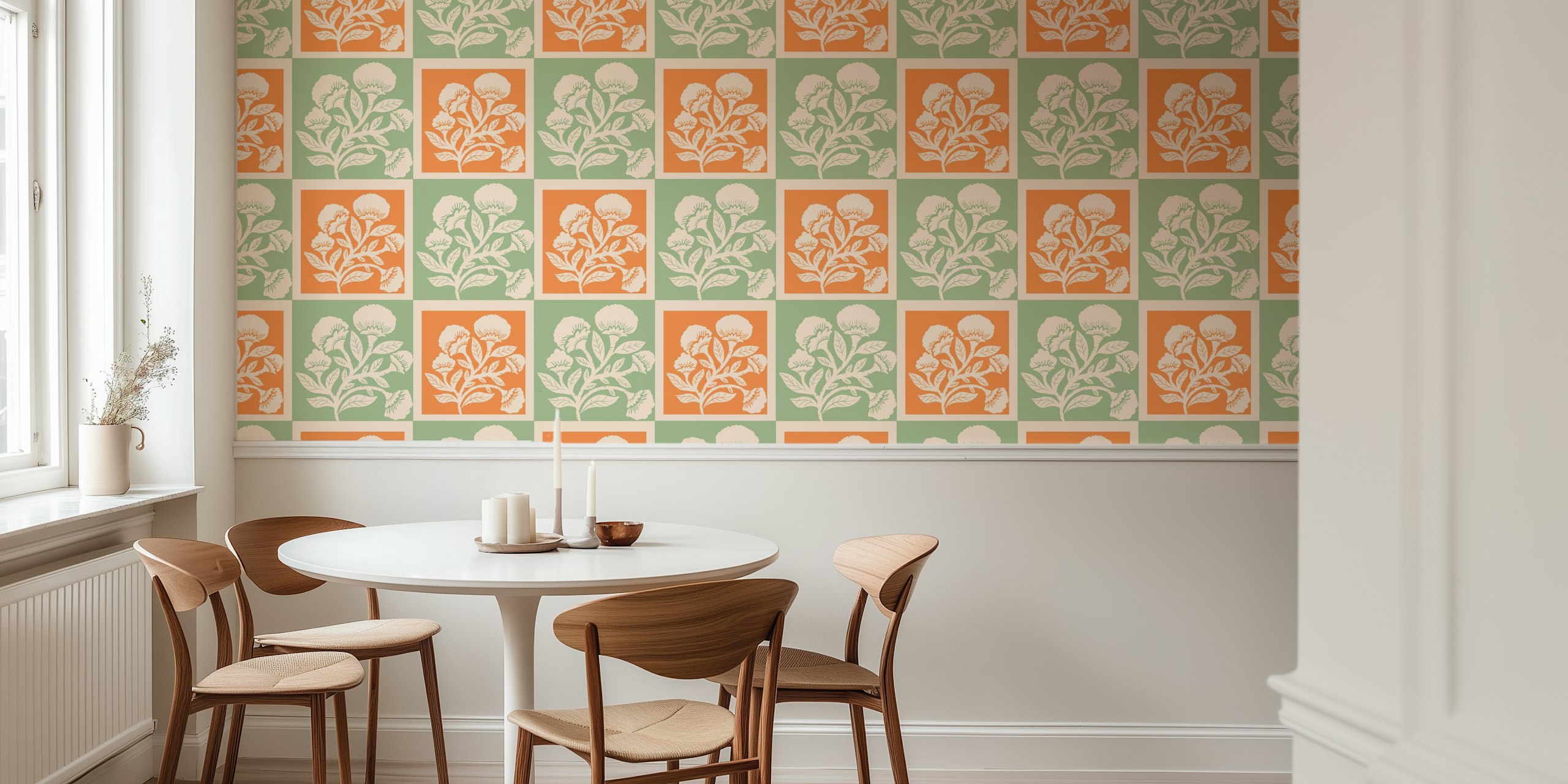 Floral squares wallpaper in een kamersetting