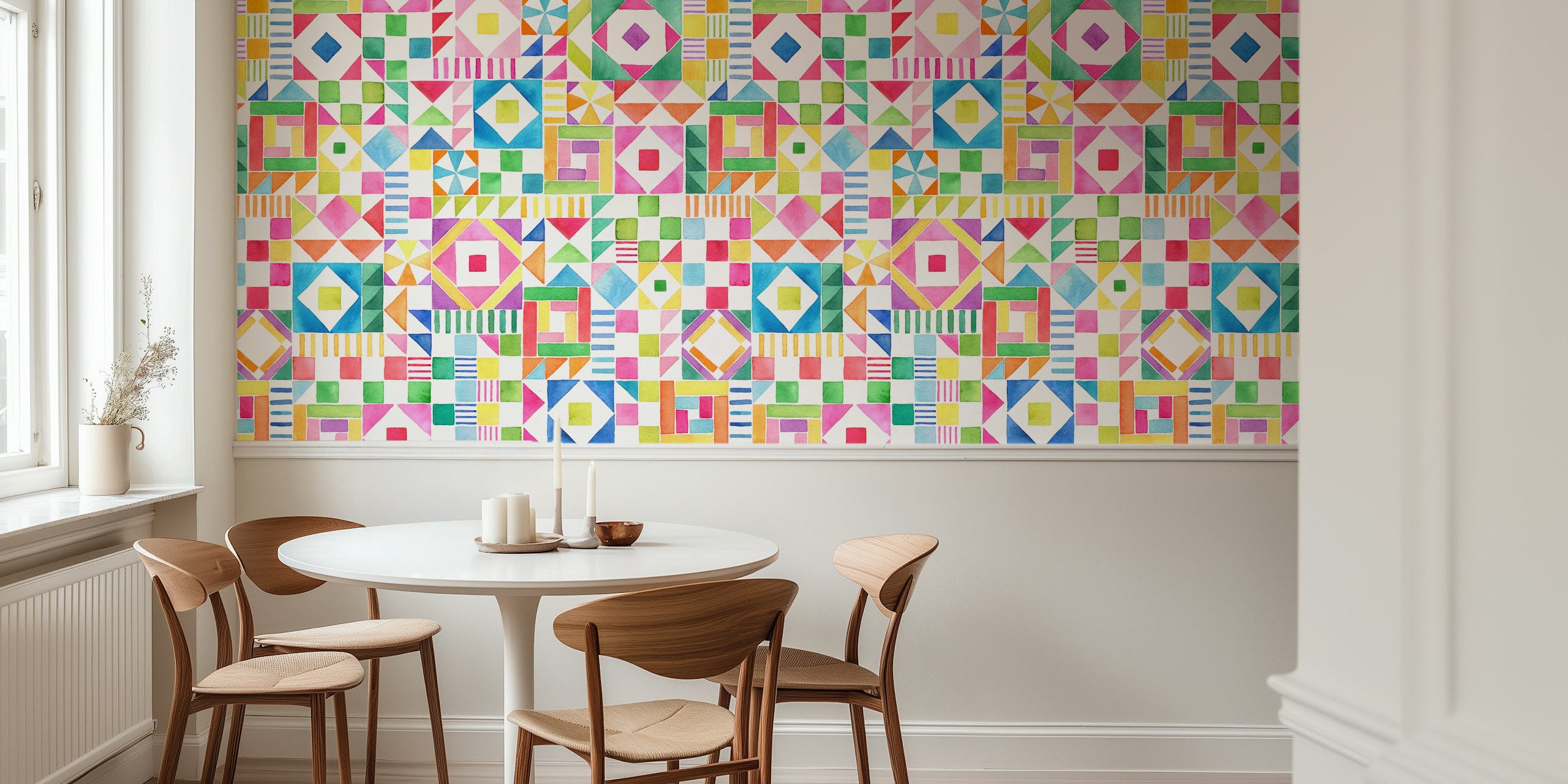 Fargerik Joyful Geometric Patchwork-tapet i et rom