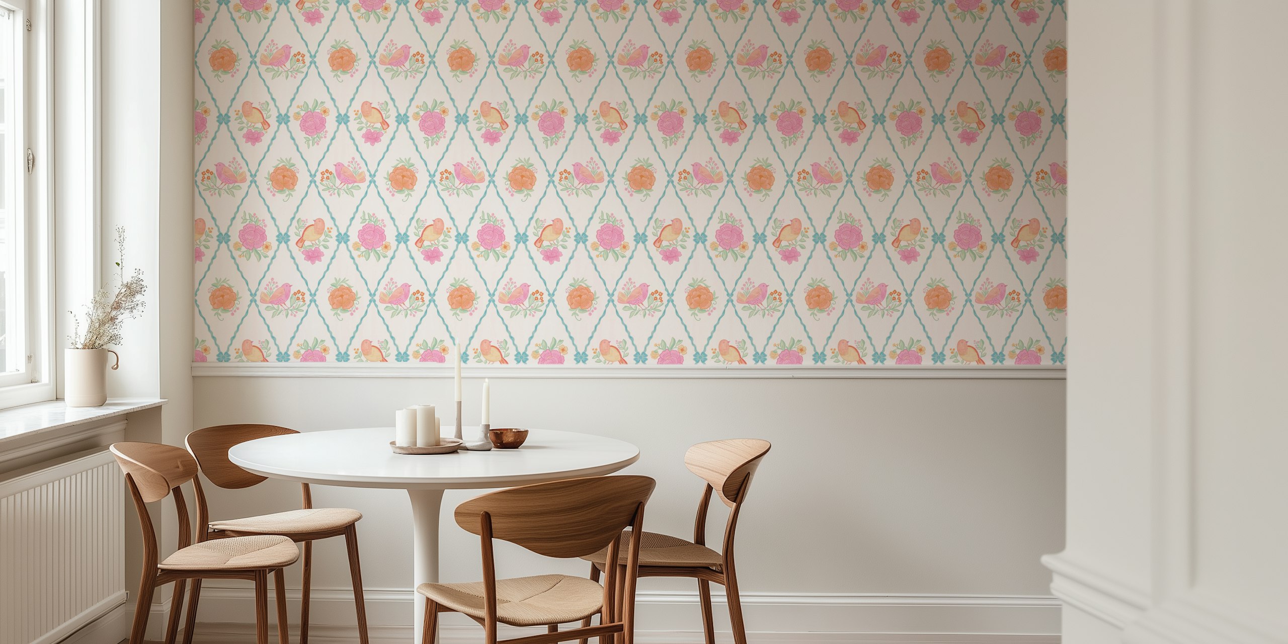 Pastel floral design with birds in pink and orange wallpaper