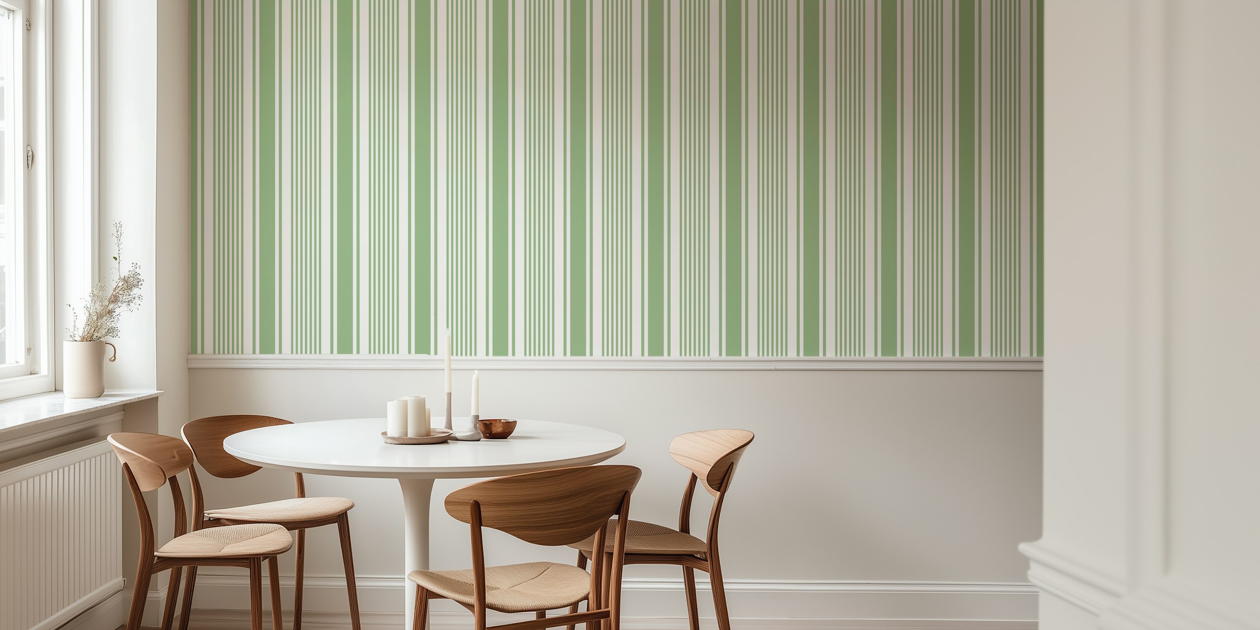 Sage green and white striped wallpaper in a modern pattern