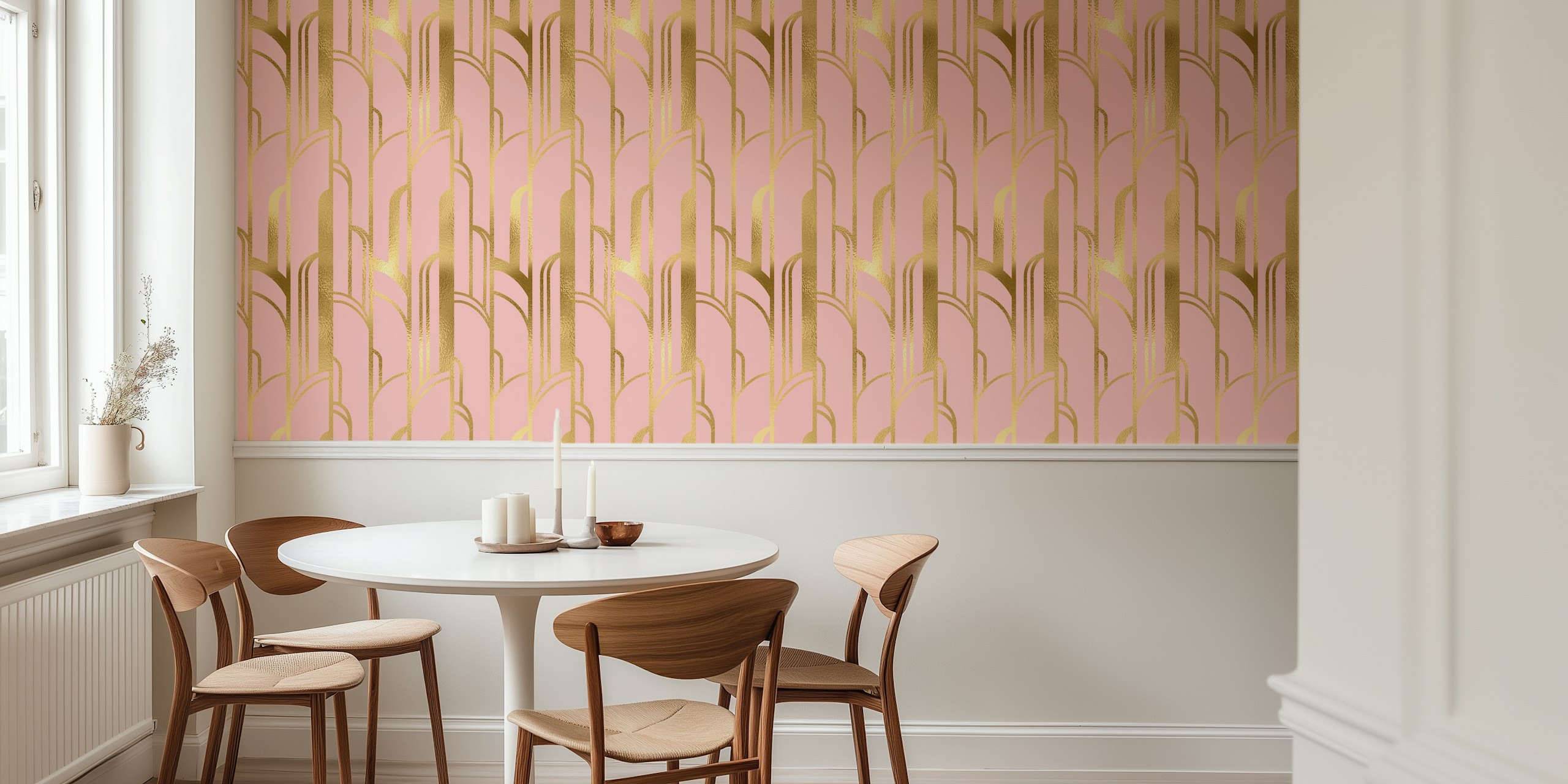 Art Deco pattern with gold lines on pink background wallpaper
