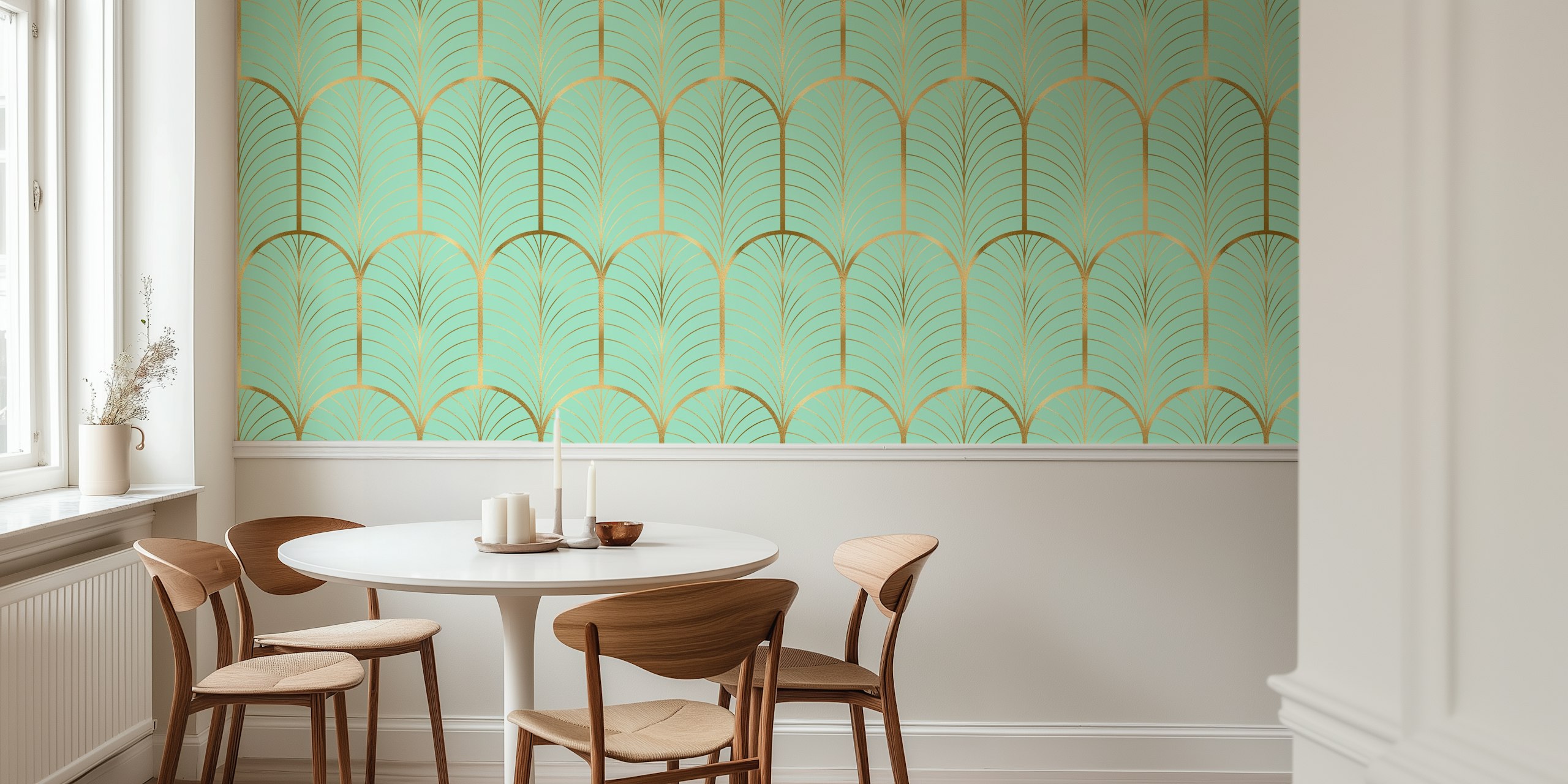 Art Deco wallpaper design in gold and mint green