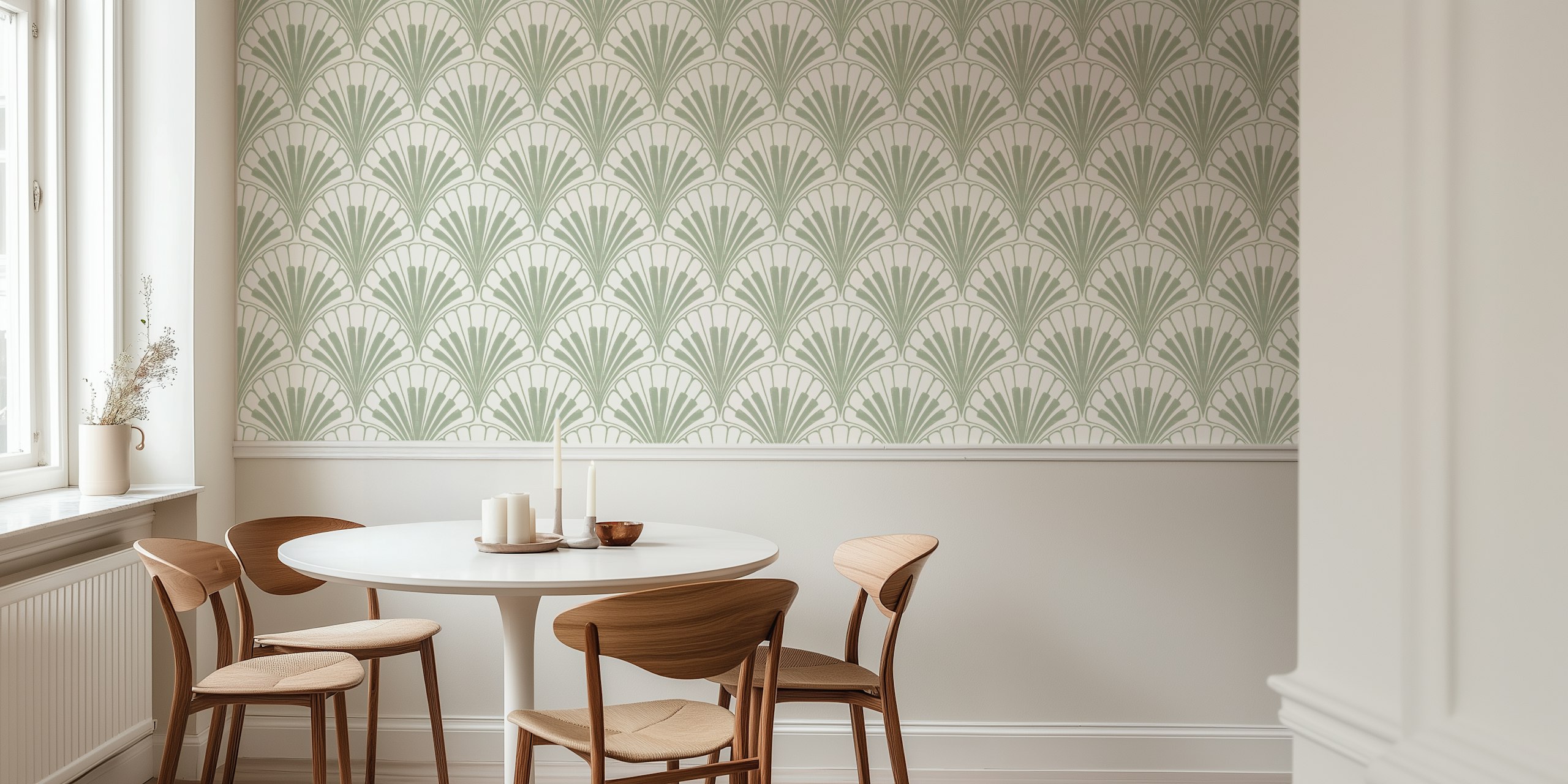 Art Deco scallops pattern in sage green and cream wallpaper