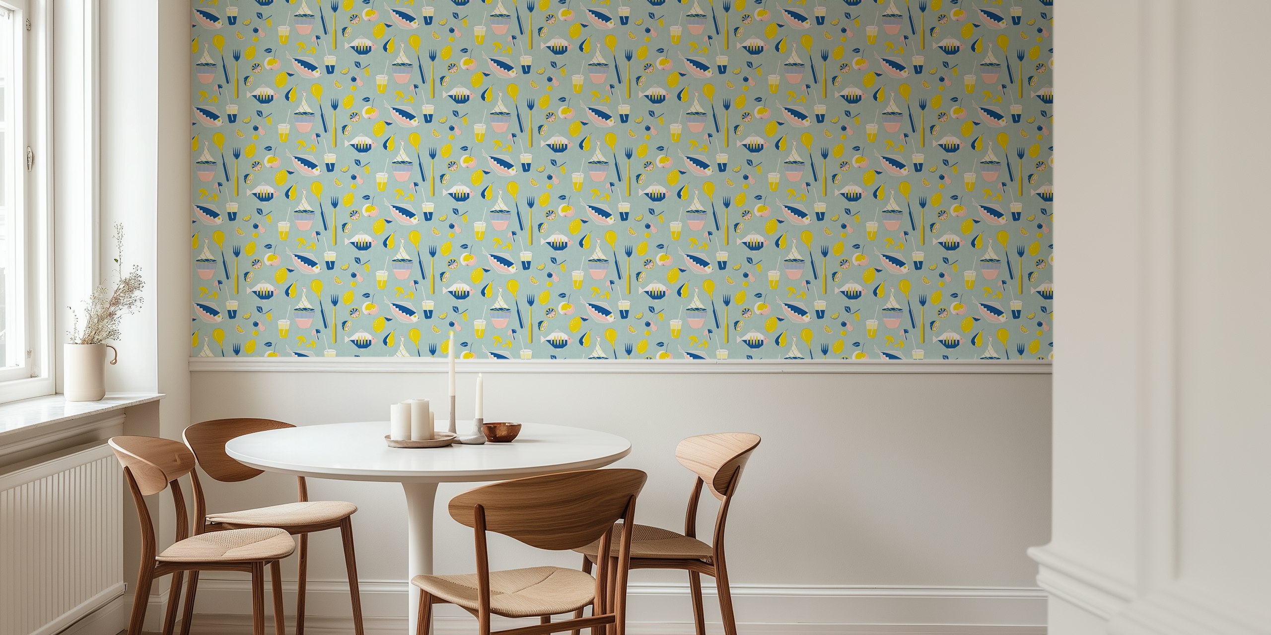 Lime and blue mid century picnic pattern wallpaper featuring fruits, fish, and utensils.