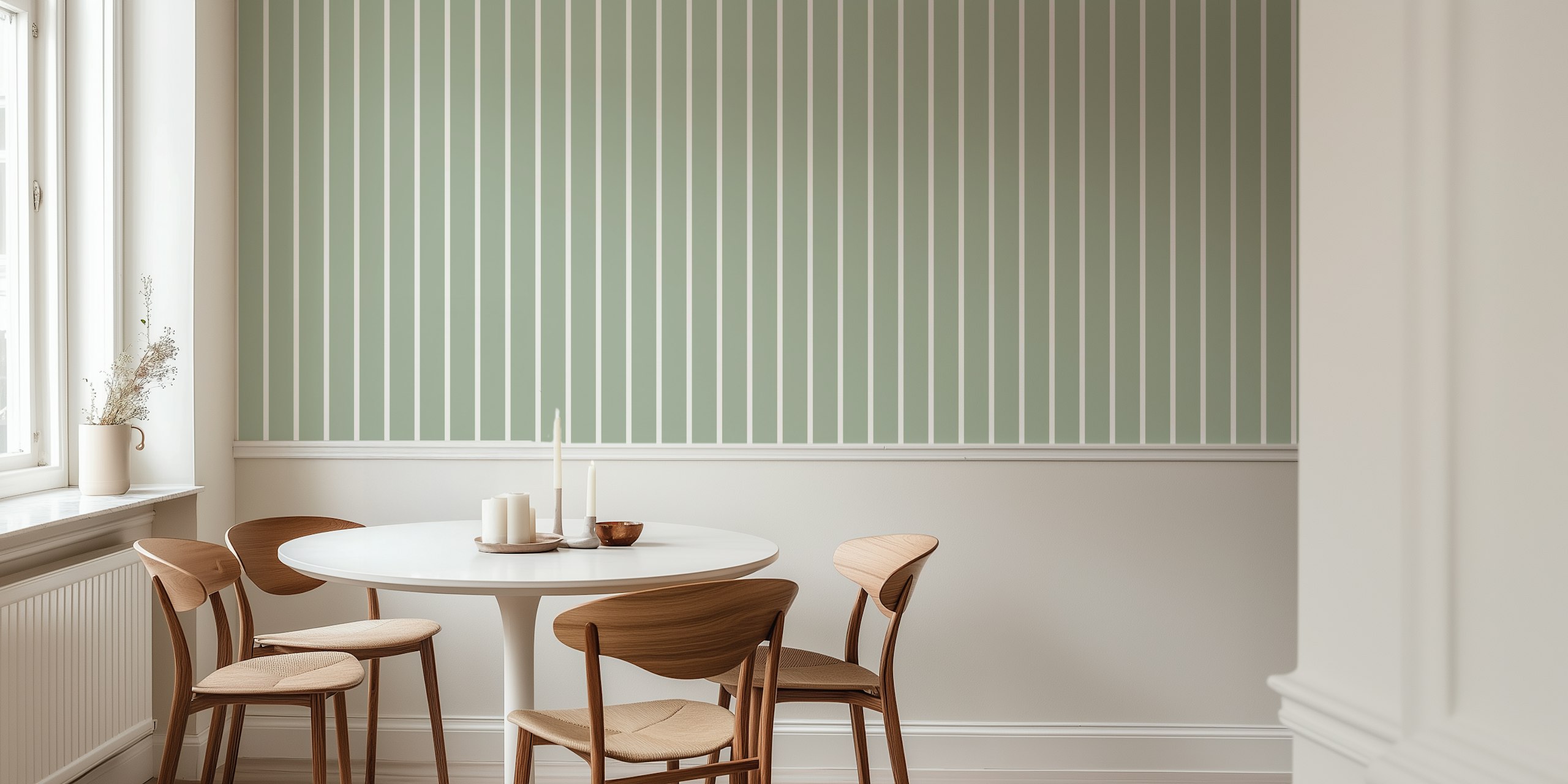 Sage green and beige vertical stripes wallpaper