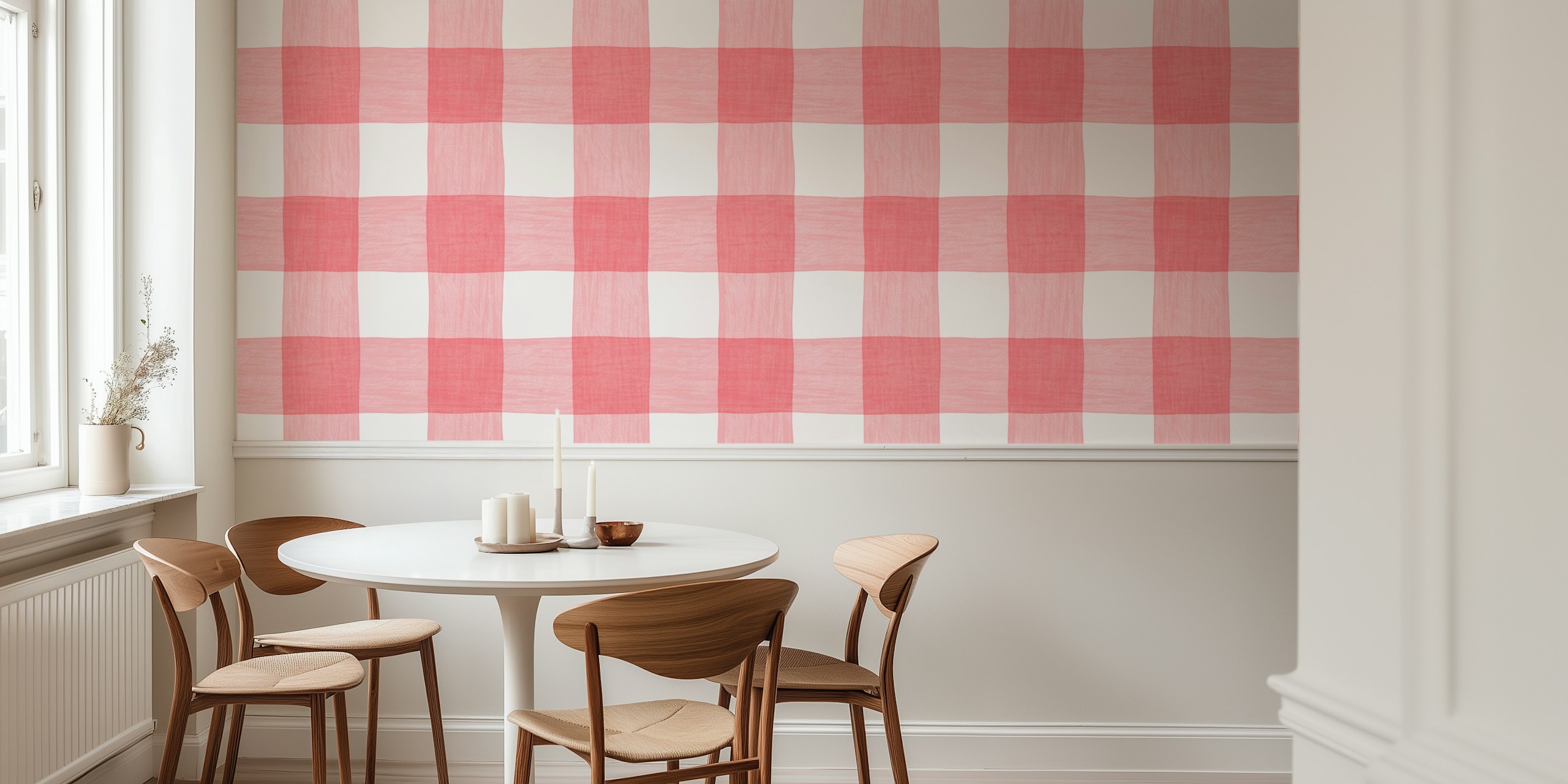 Pink gingham checkered pattern wallpaper in a hand-painted style