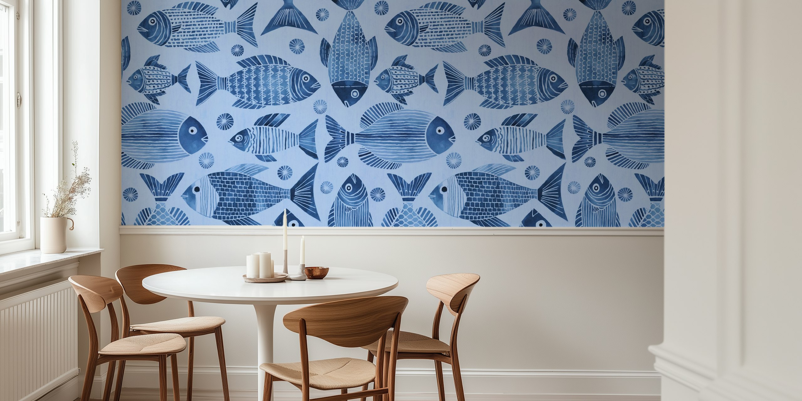 Navy blue fish patterns on a light blue background wallpaper
