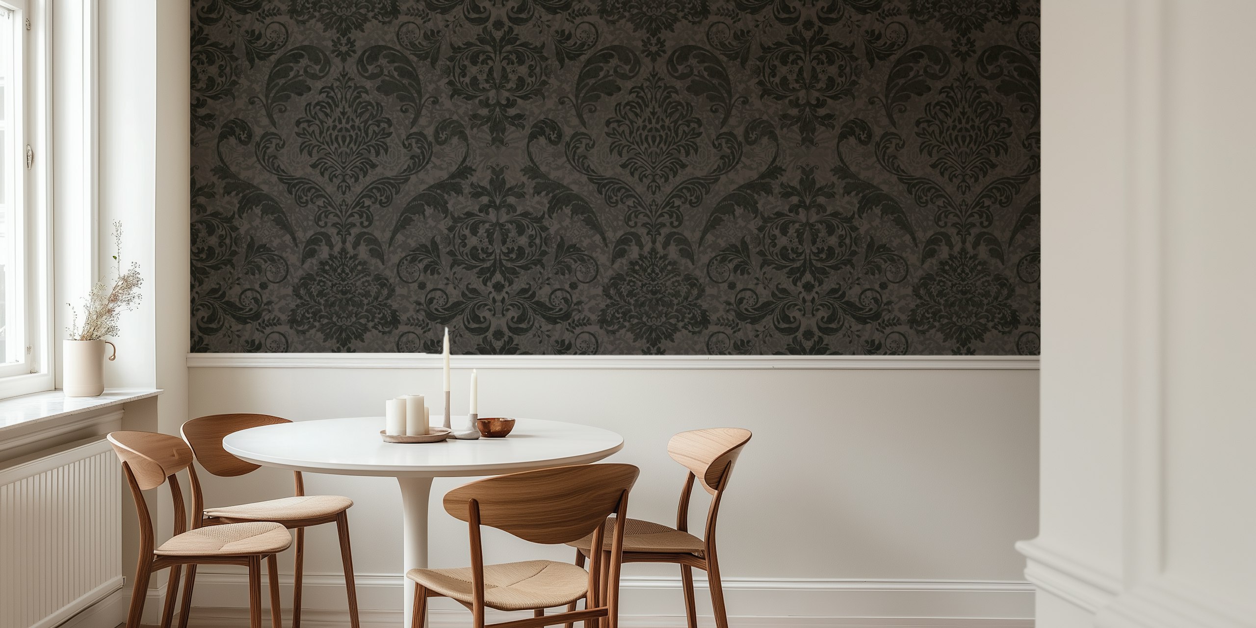 Dark vintage damask wallpaper pattern in a room