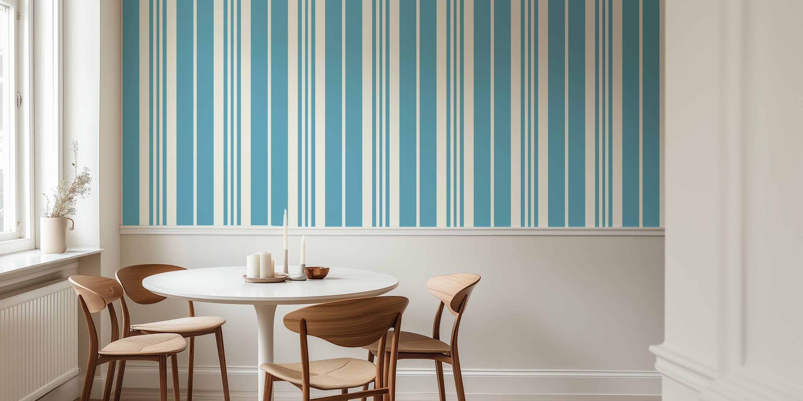 Classic vintage blue stripes wallpaper in a room