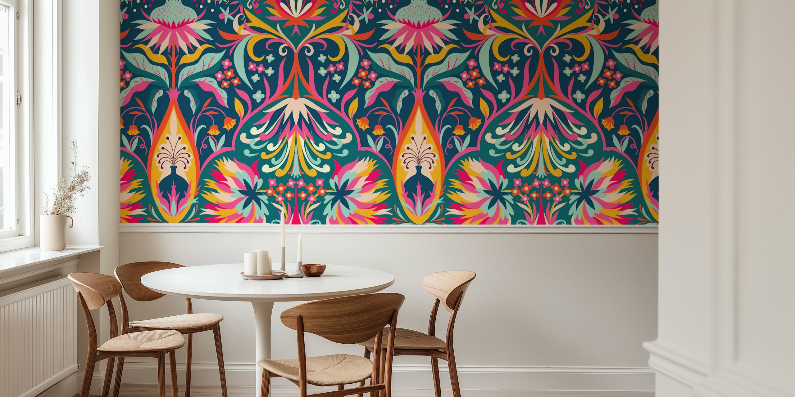 Colorful floral damask wallpaper featuring vibrant patterns in blue, pink, and yellow