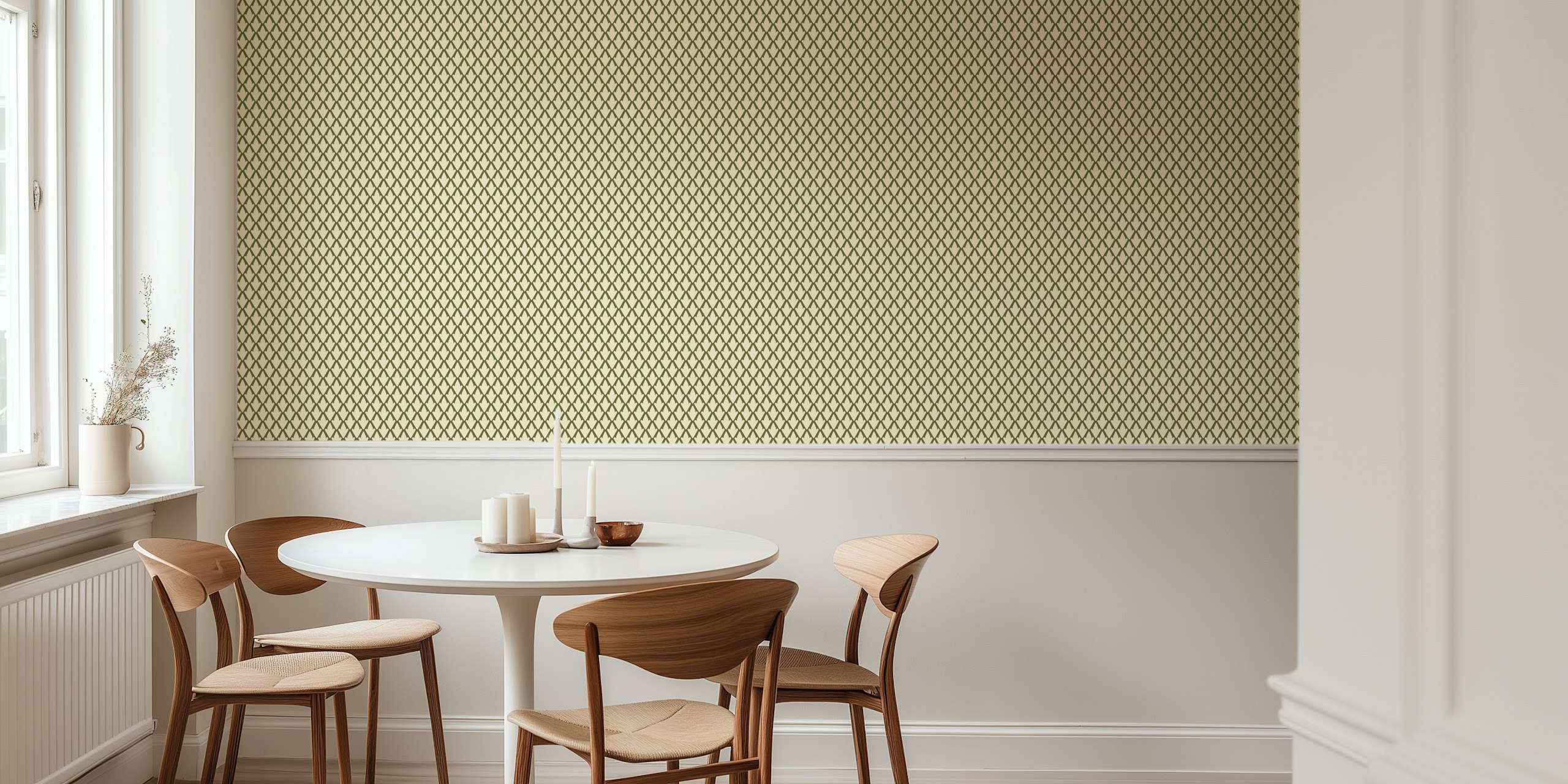 Geometric diamond leaf pattern in green and cream wallpaper