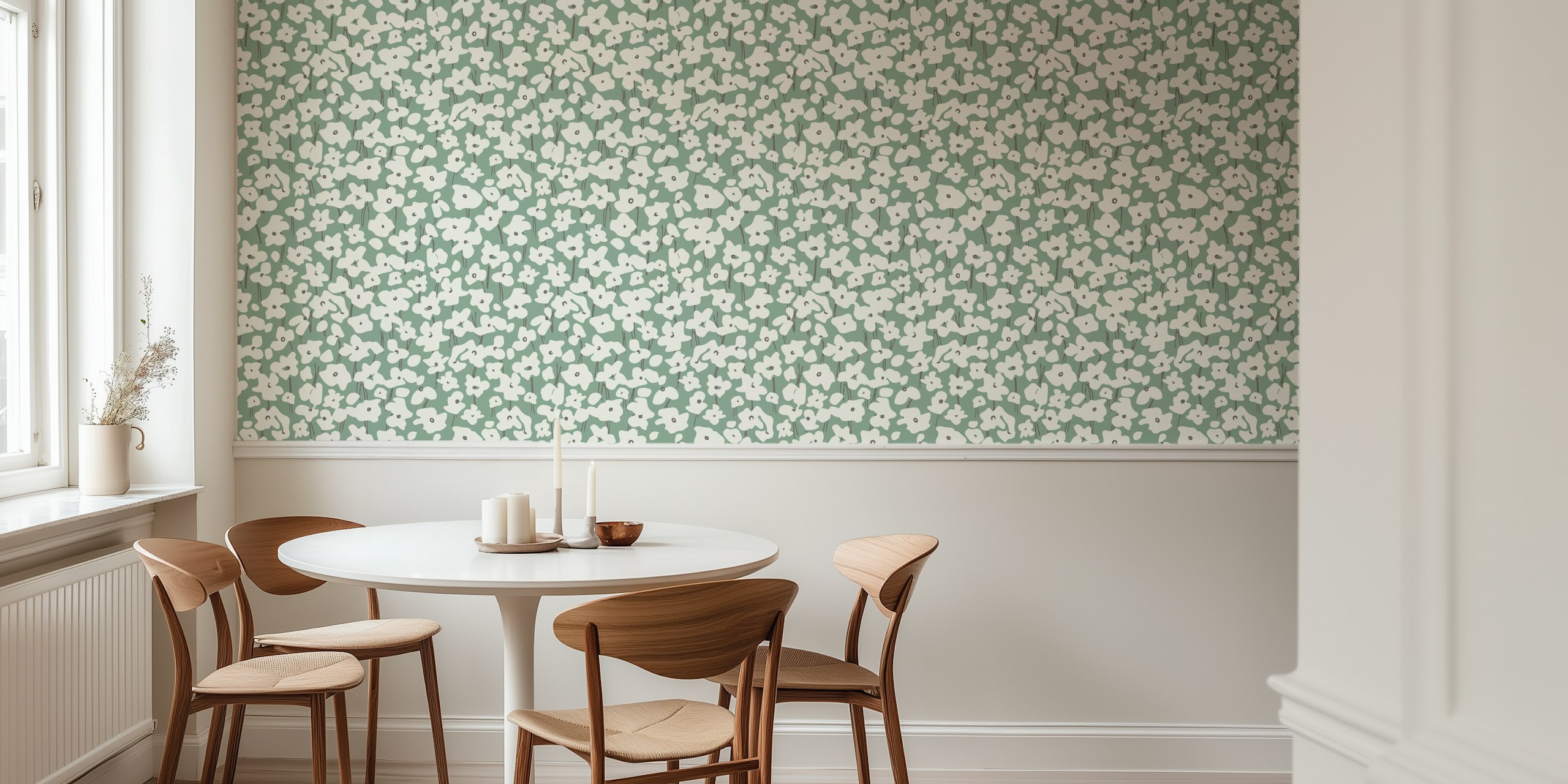 Sage green background with white floral pattern wallpaper