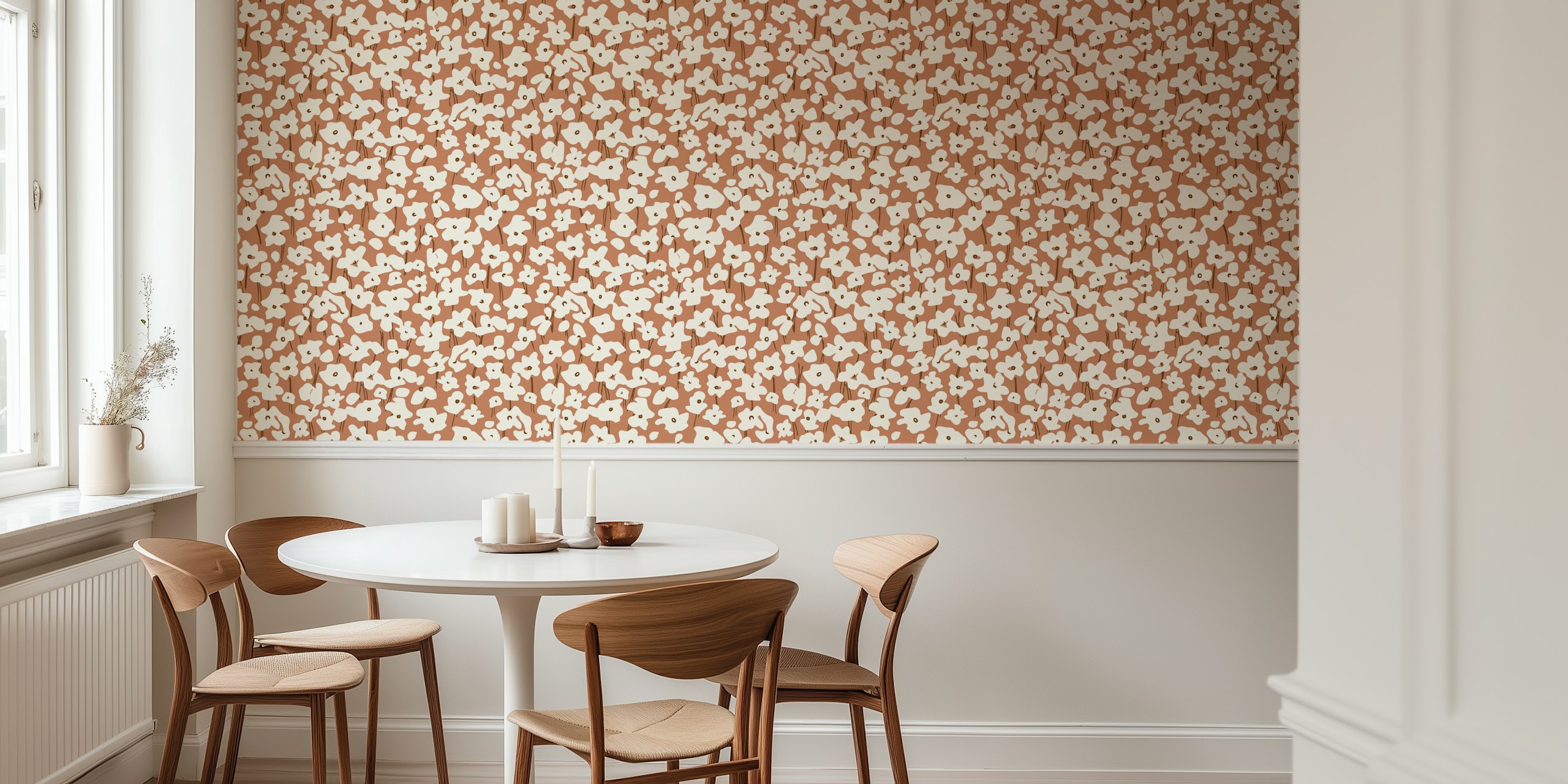 White floral pattern on warm brown background wallpaper