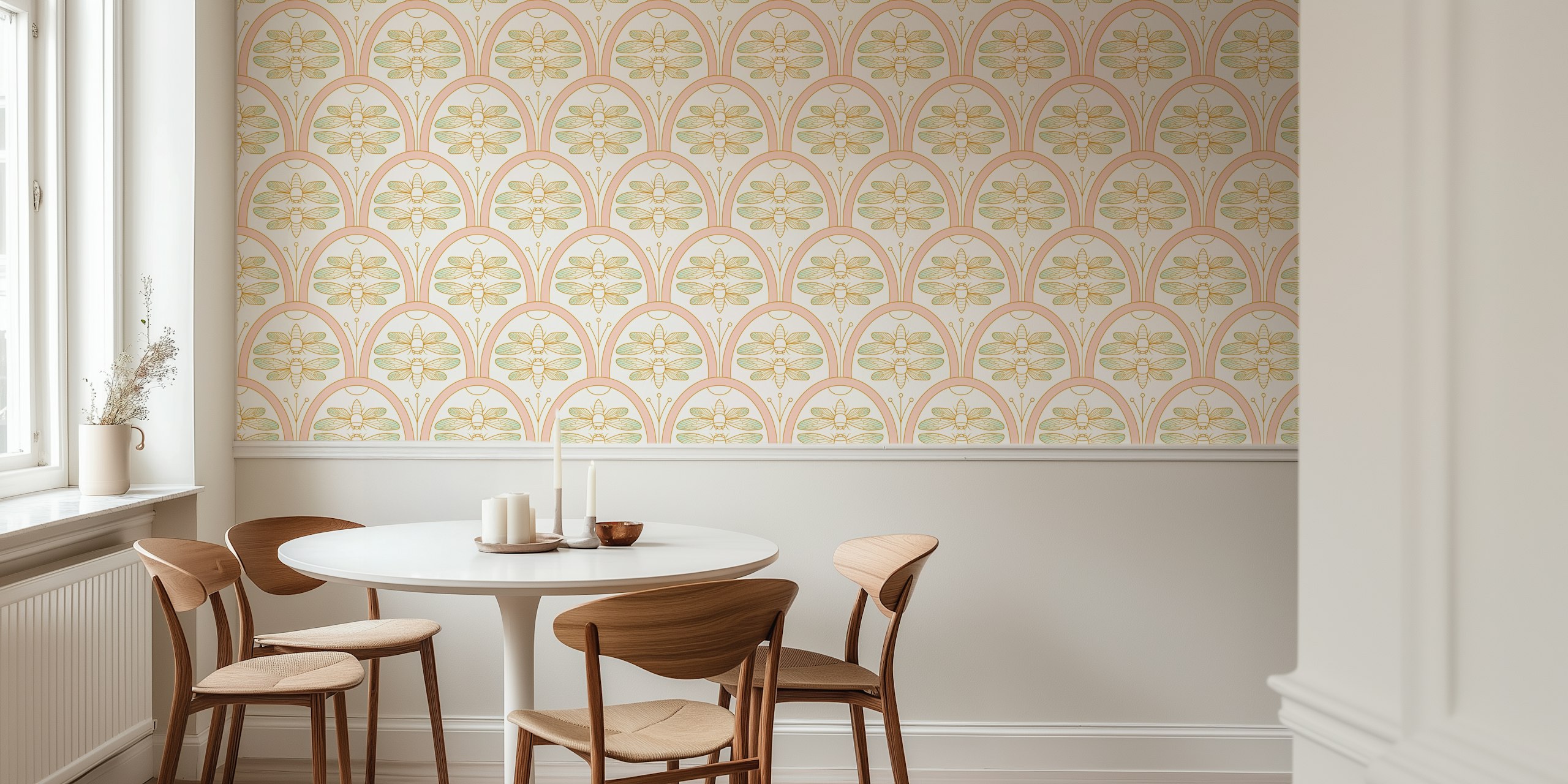 Cicada Damask wallpaper in blush pink e gold