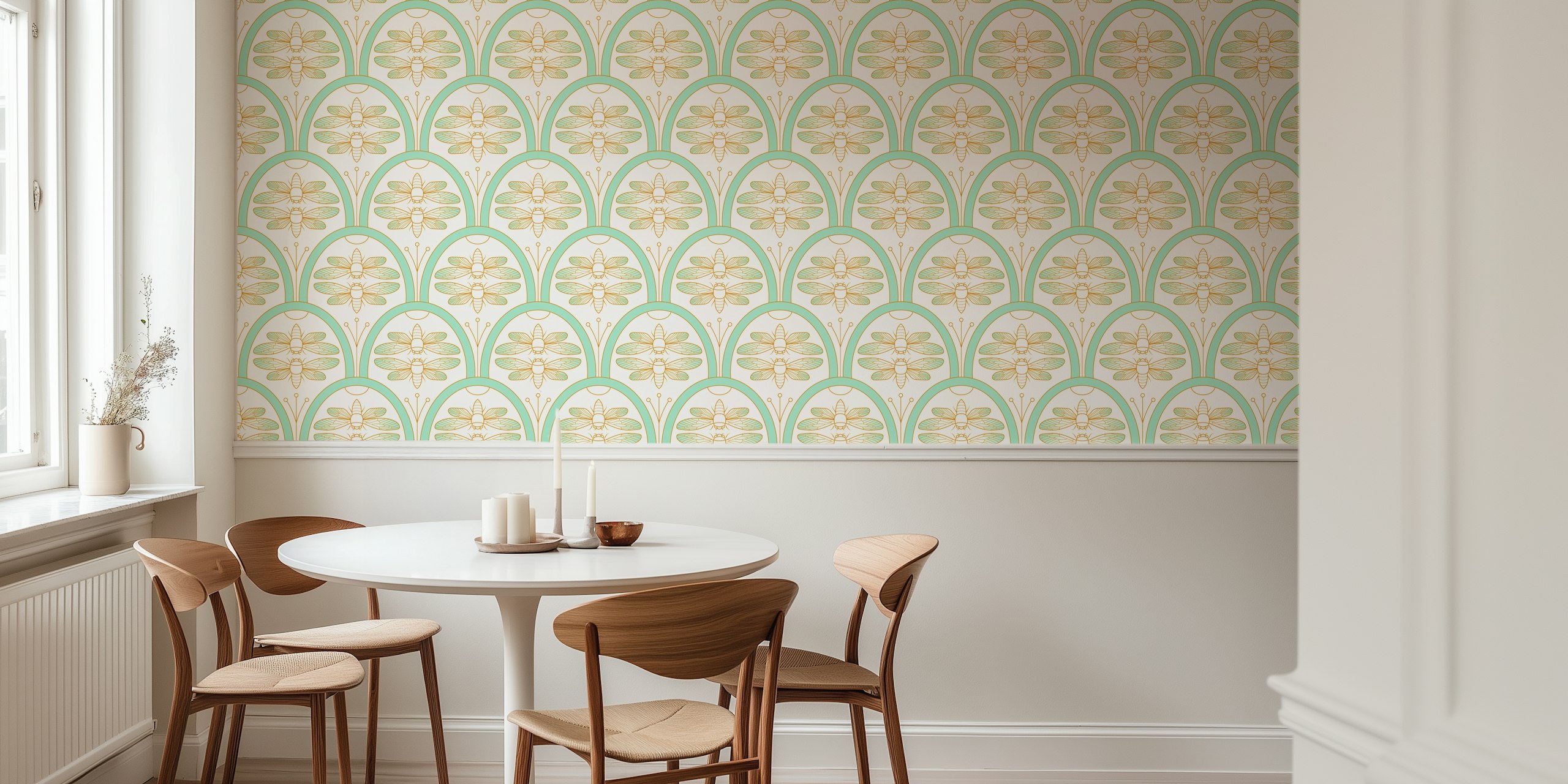 Cicada damask pattern in mint and blush colors wallpaper