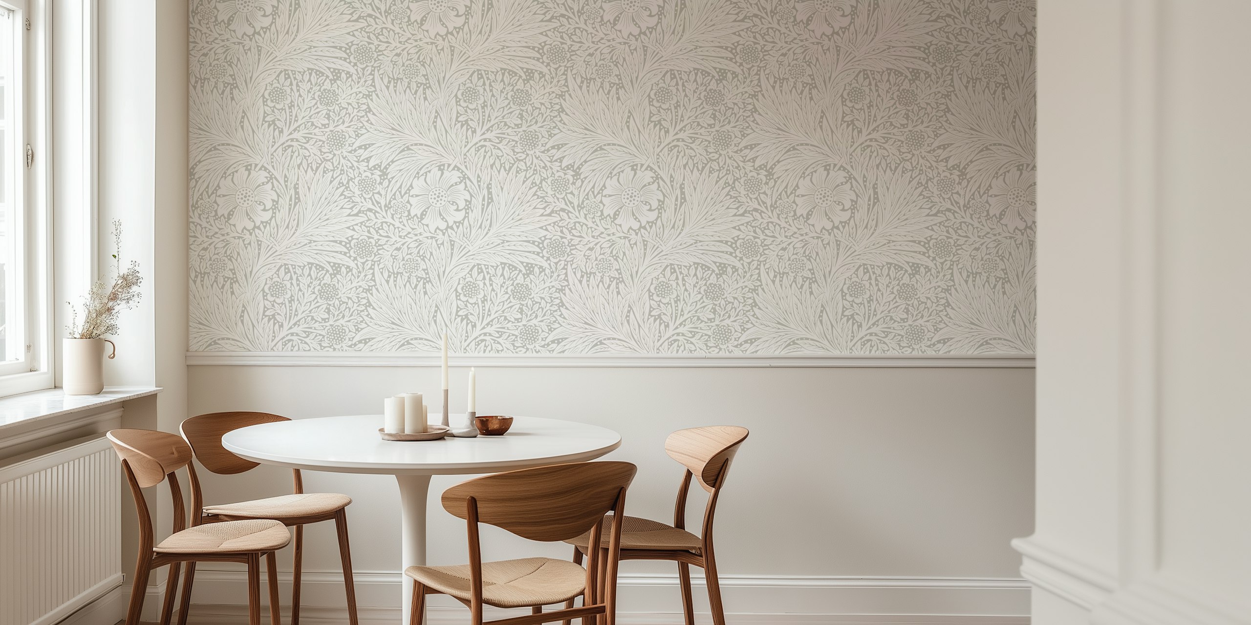 Floral and leaf pattern in gray and white wallpaper