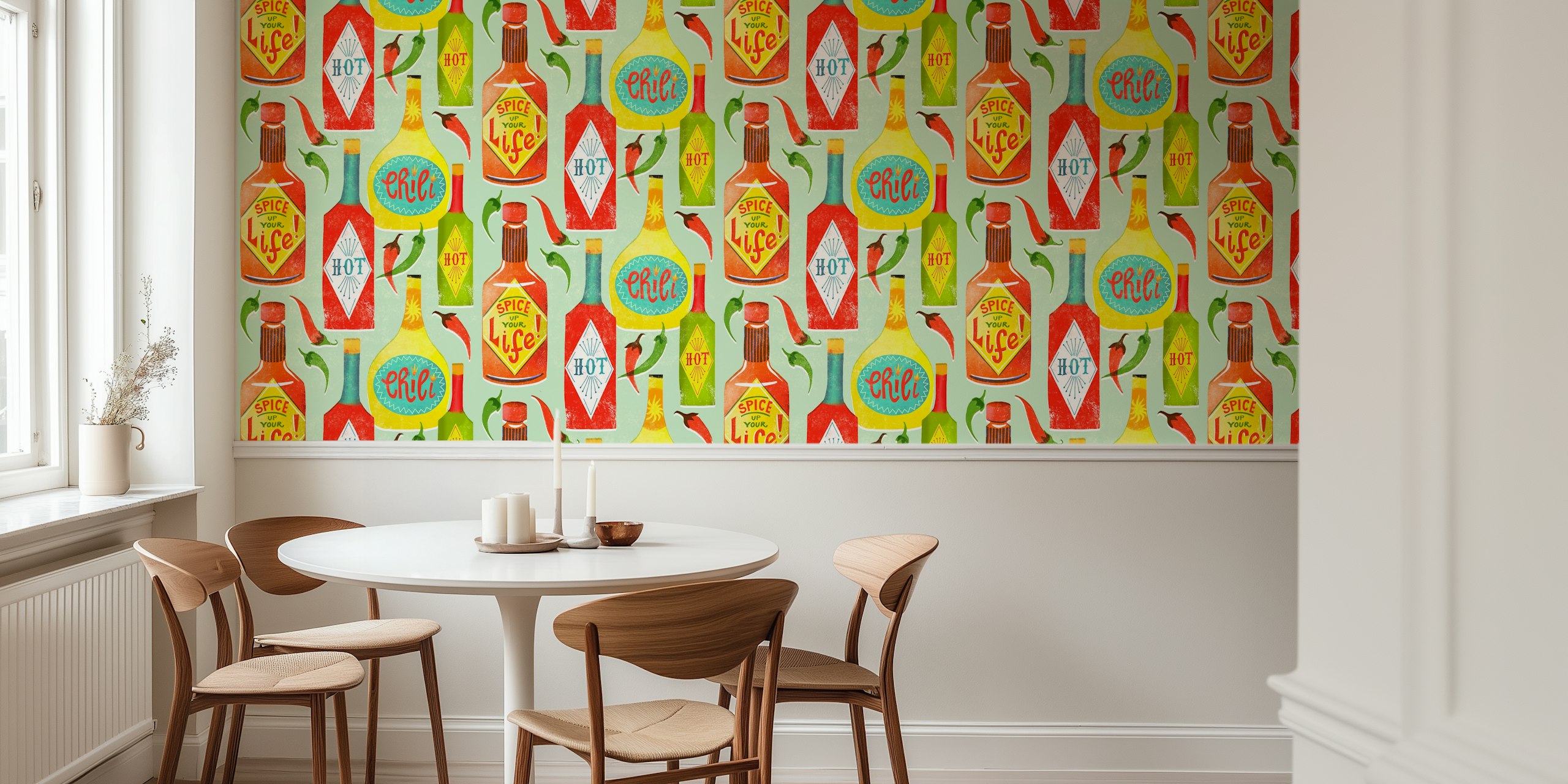 Vibrant wallpaper design with hot sauce bottles