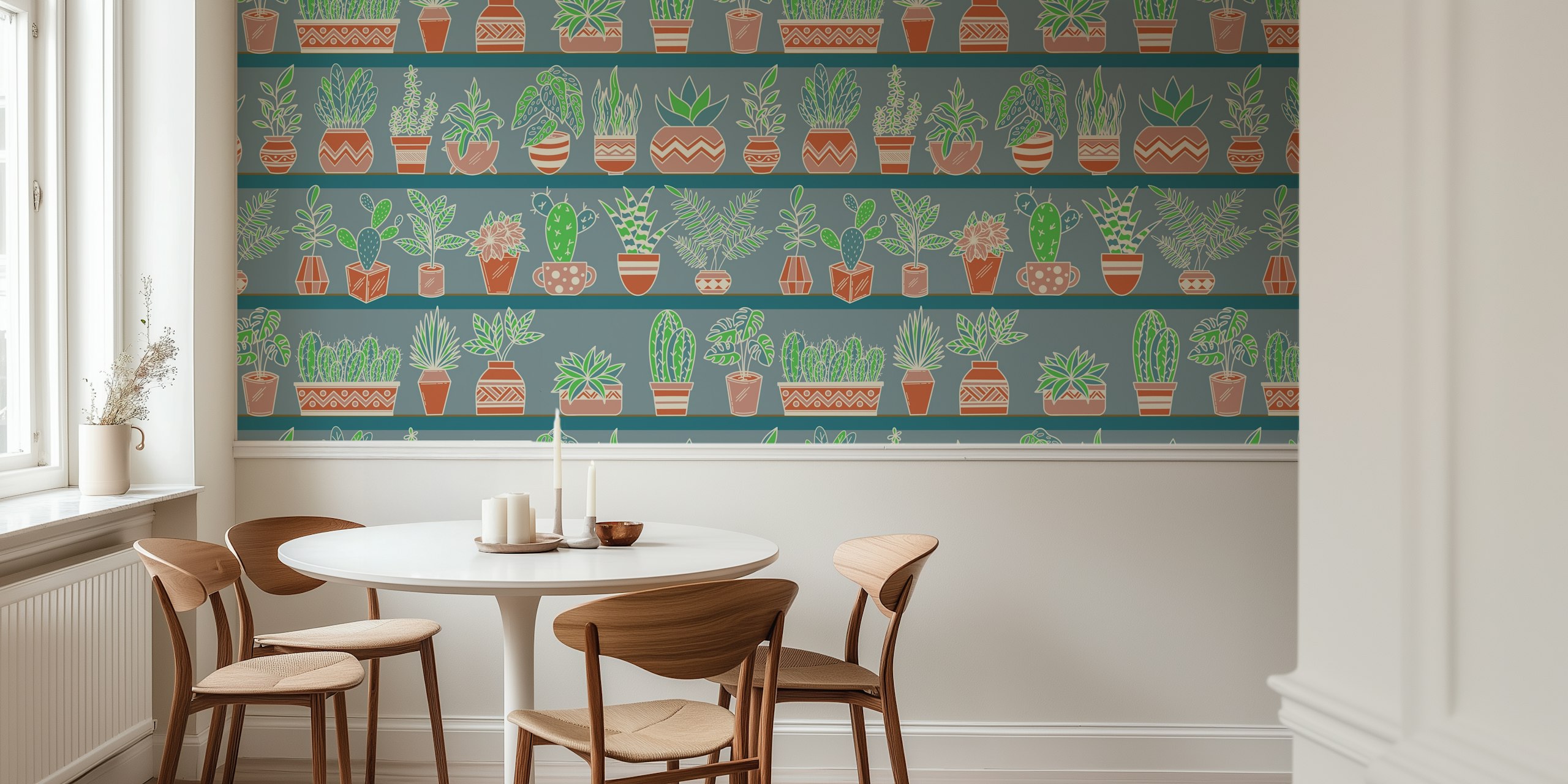 Colorful wallpaper with shelves and plants