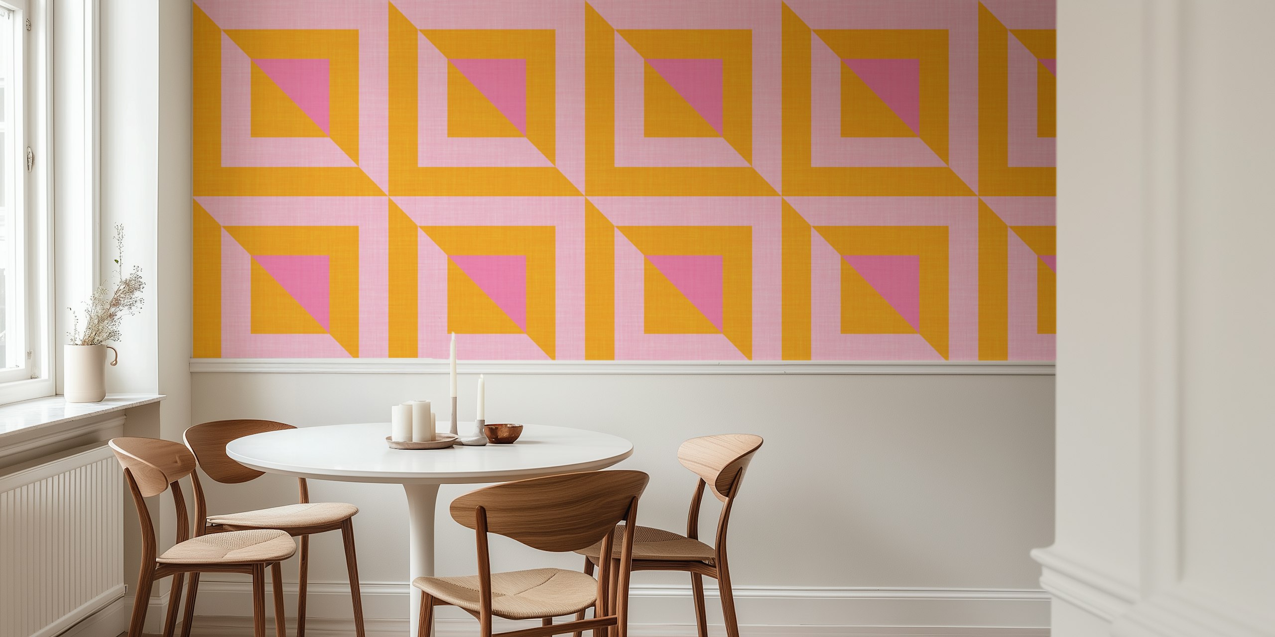 Papel tapiz Mid Century Geometric Square Pink and Orange en una habitación