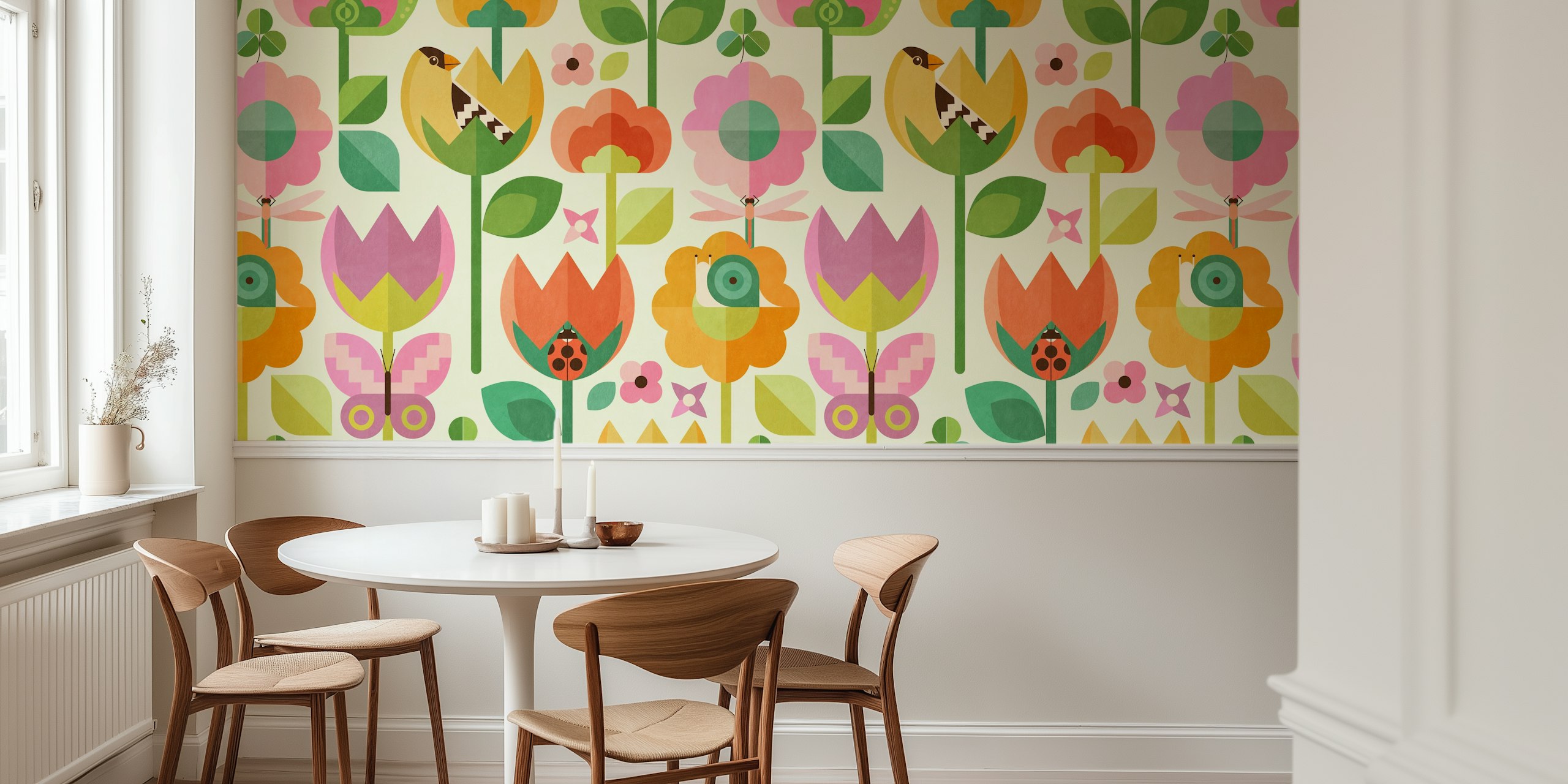 Colorful flowers, birds, and insects in a mid century style wallpaper.