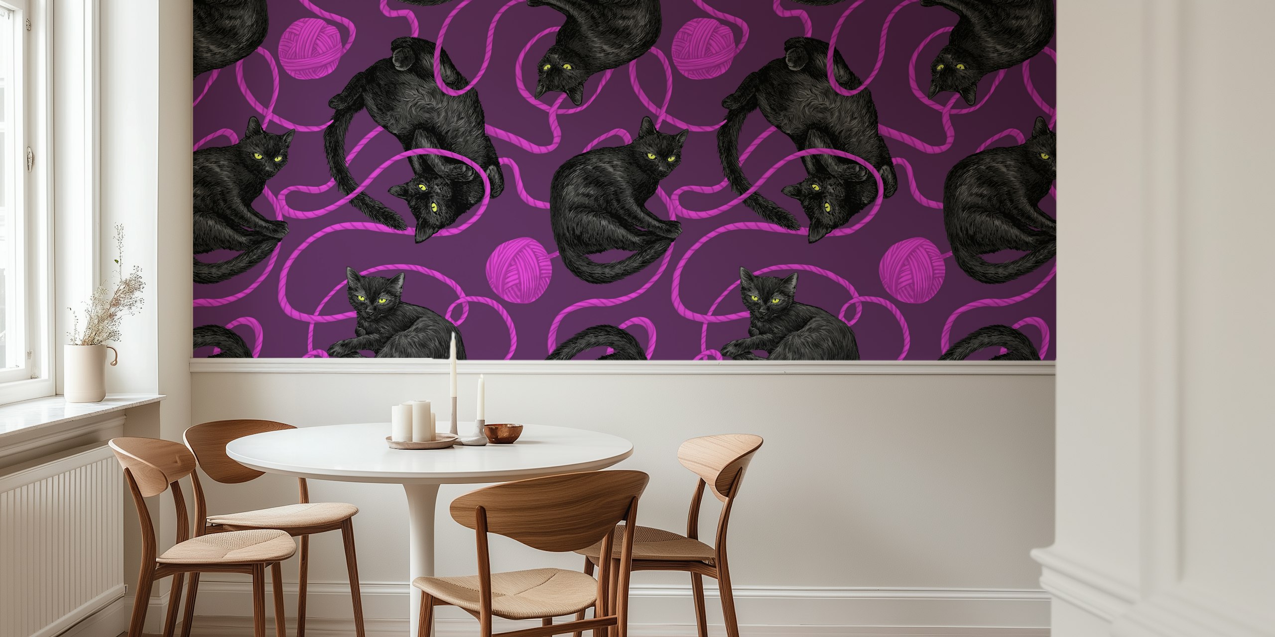 Black cat behang met roze garenpatroon
