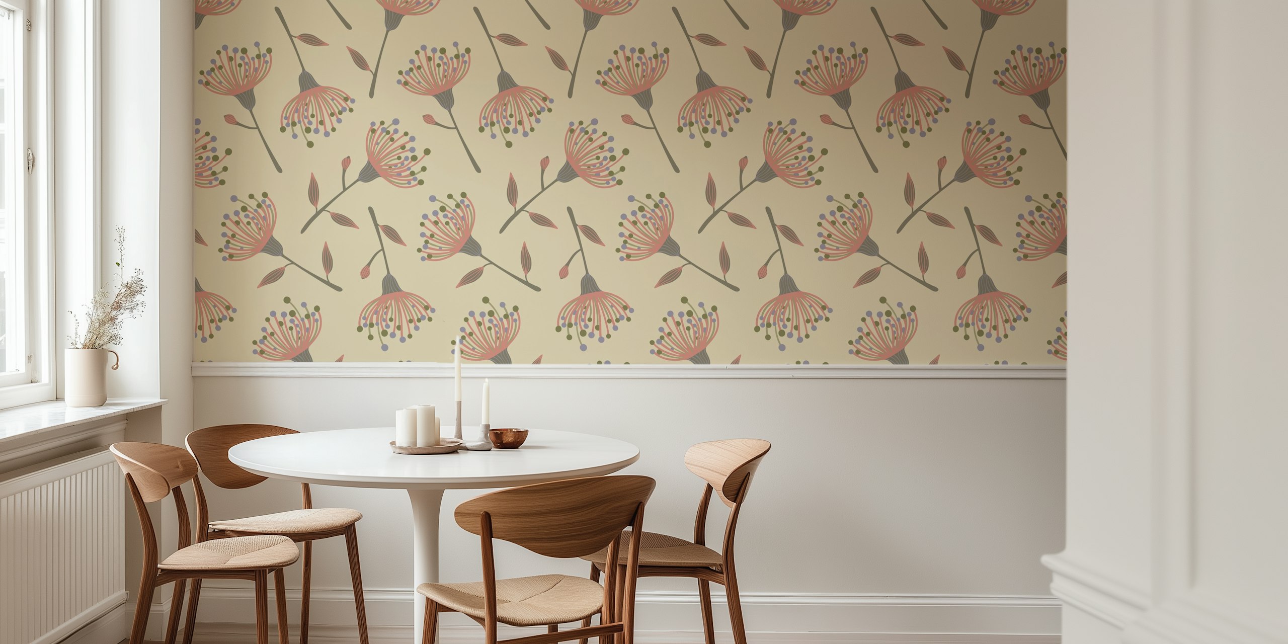 Eucalyptus tossed floral wallpaper in a room