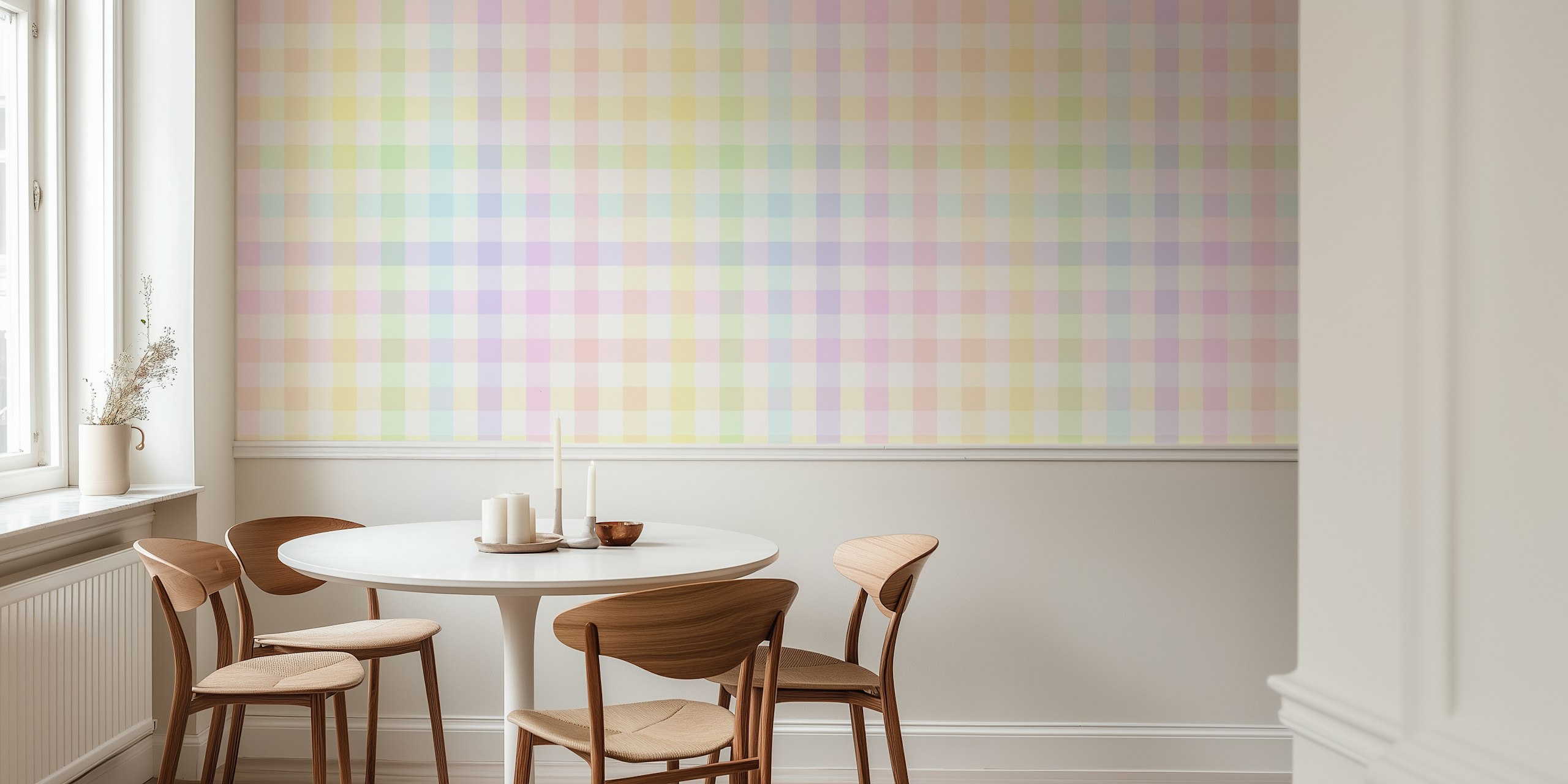Pastel rainbow gingham wallpaper in a room