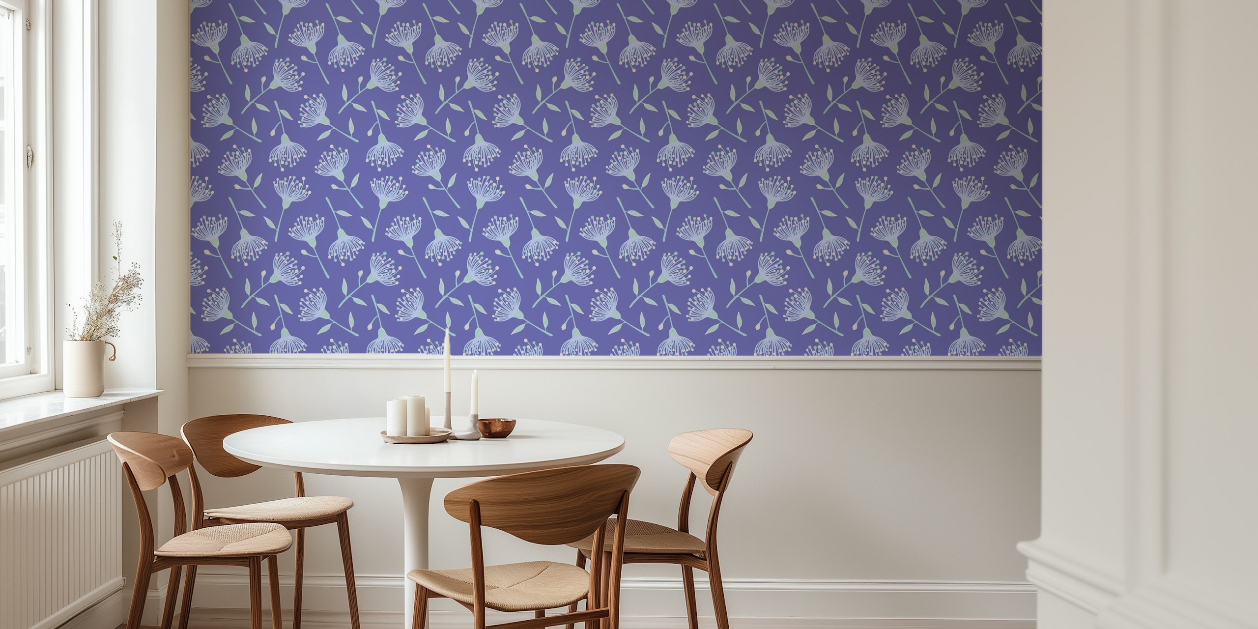 Lavender floral pattern wallpaper with eucalyptus leaves