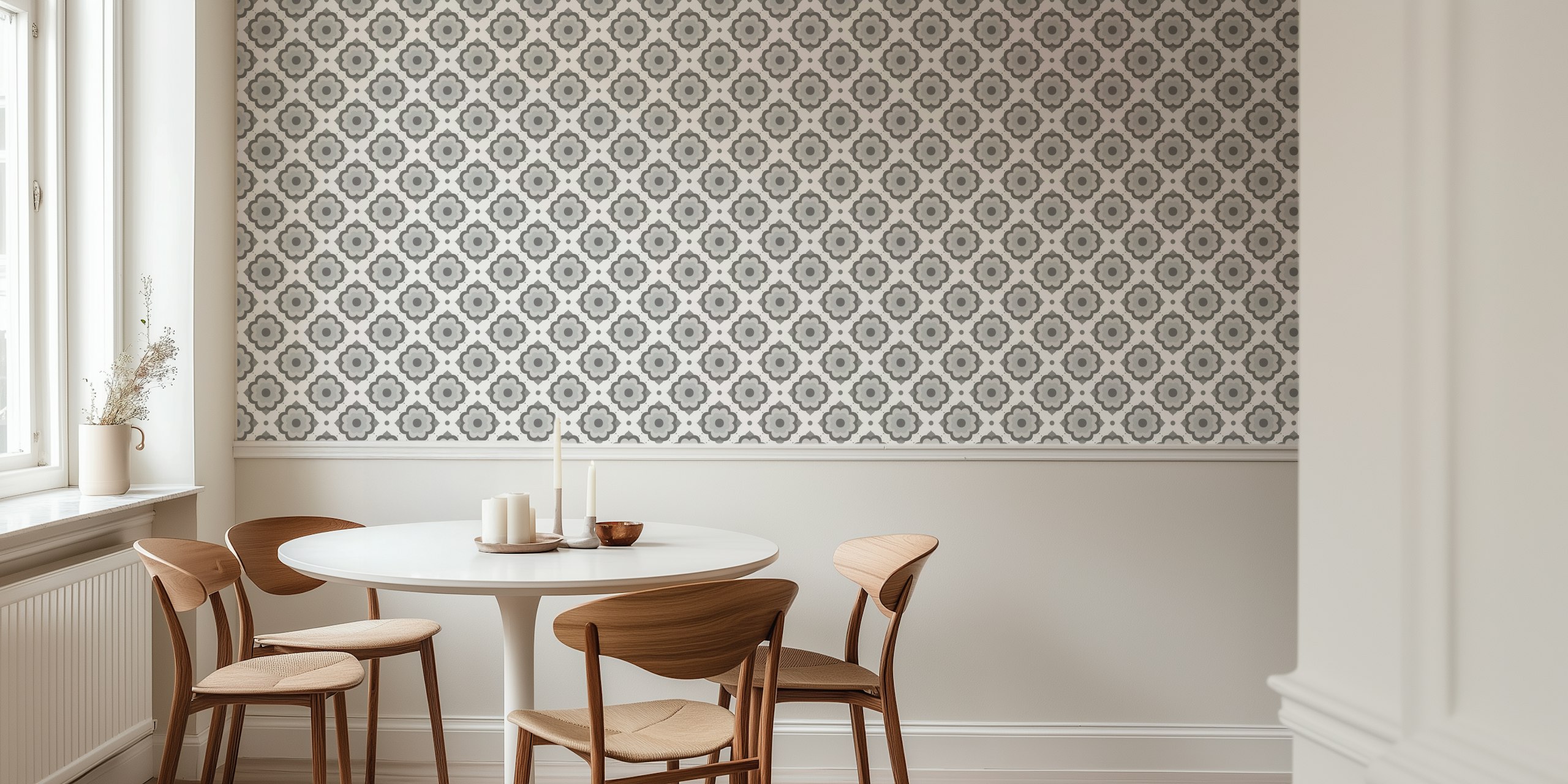 Greyscale 1970s flower power wallpaper design