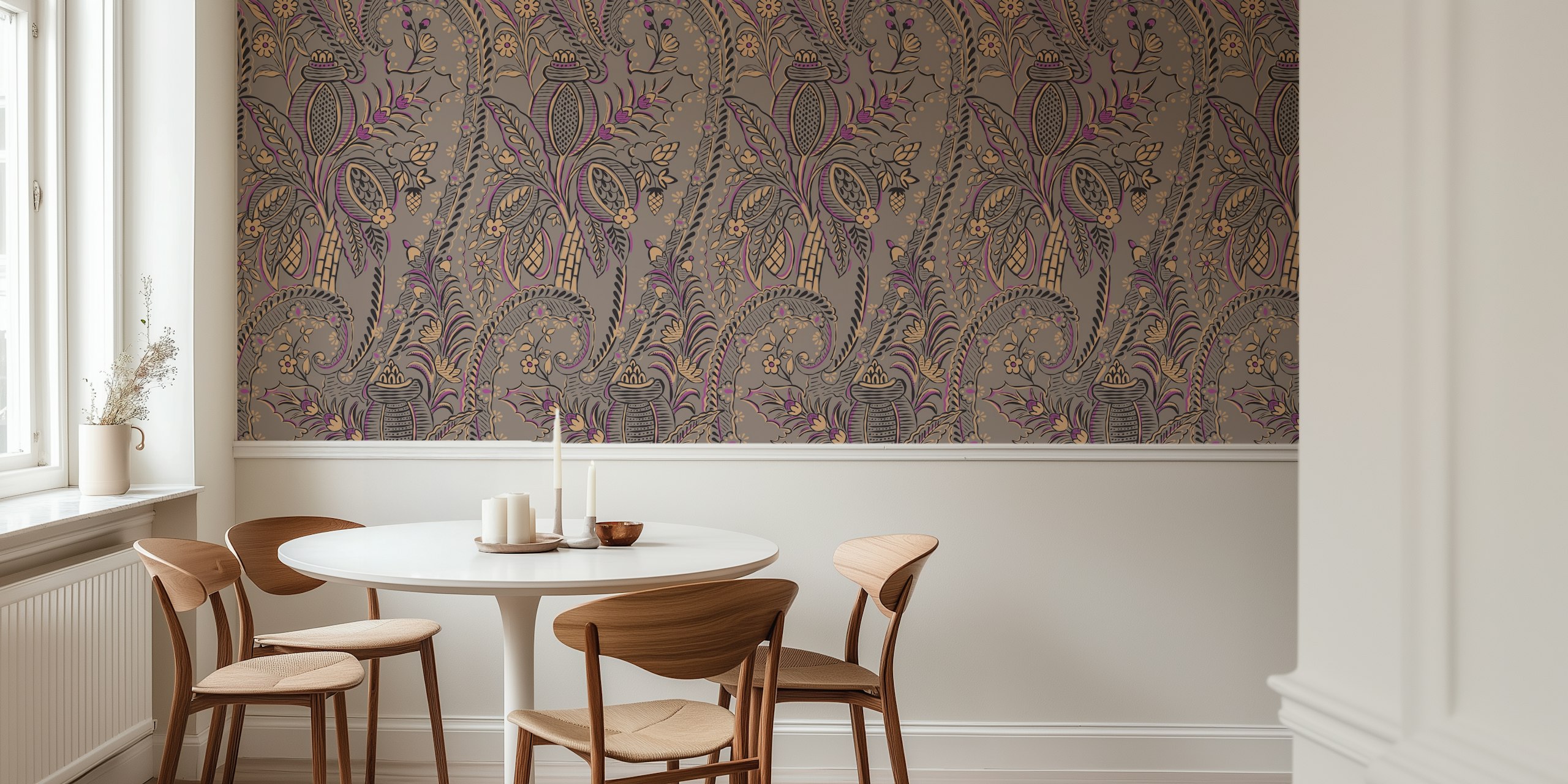 Bohemian botanical taupe tapetti huoneessa