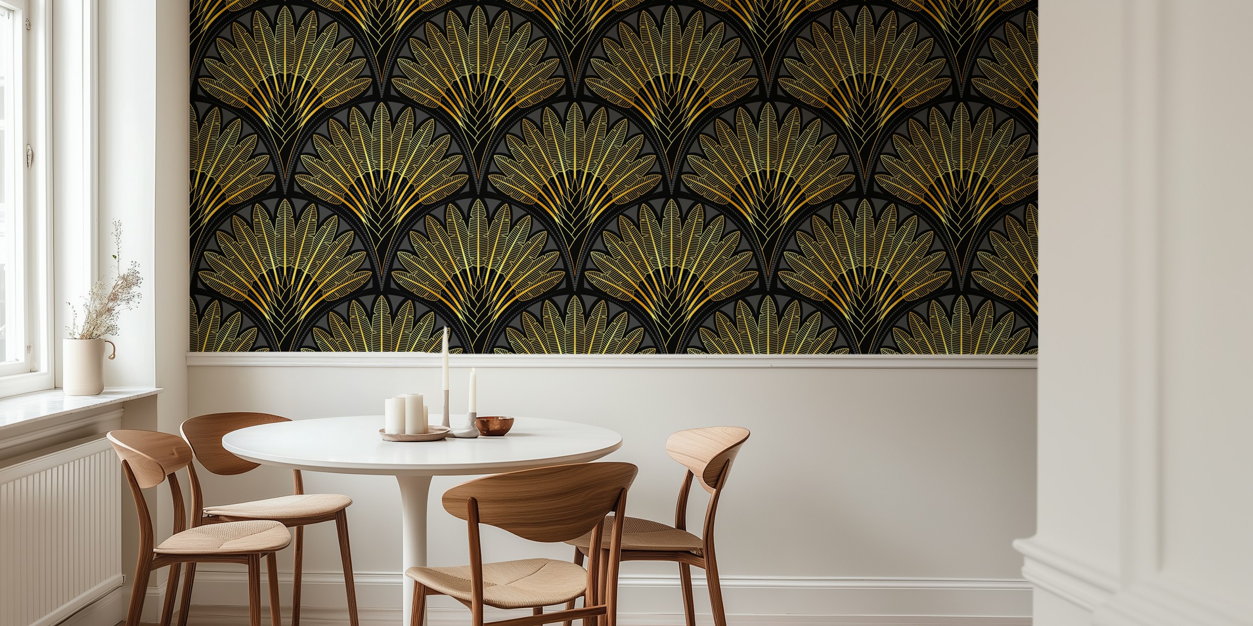 Art Deco palm leaves in gold and black wallpaper
