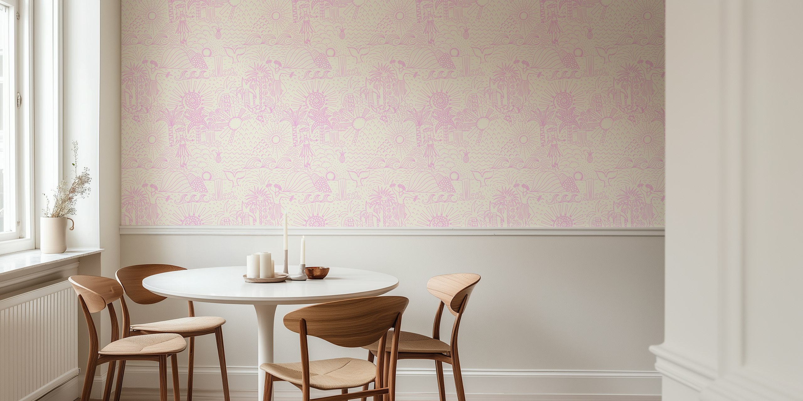 Tropical pink beach scenes with hula dancers and sun motifs wallpaper