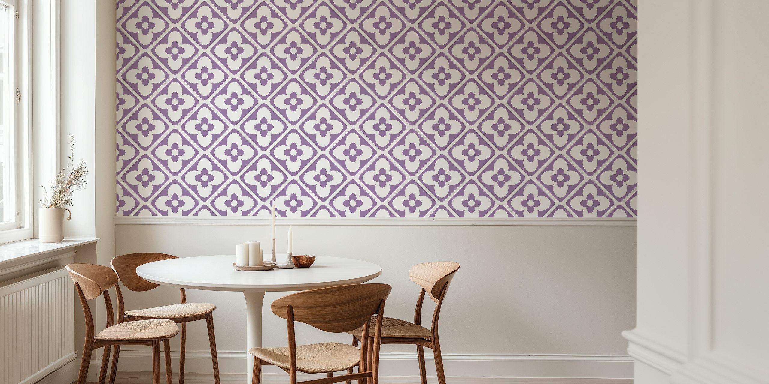 Retro Purple Geo Floral Motif Wallpaper in een kamer