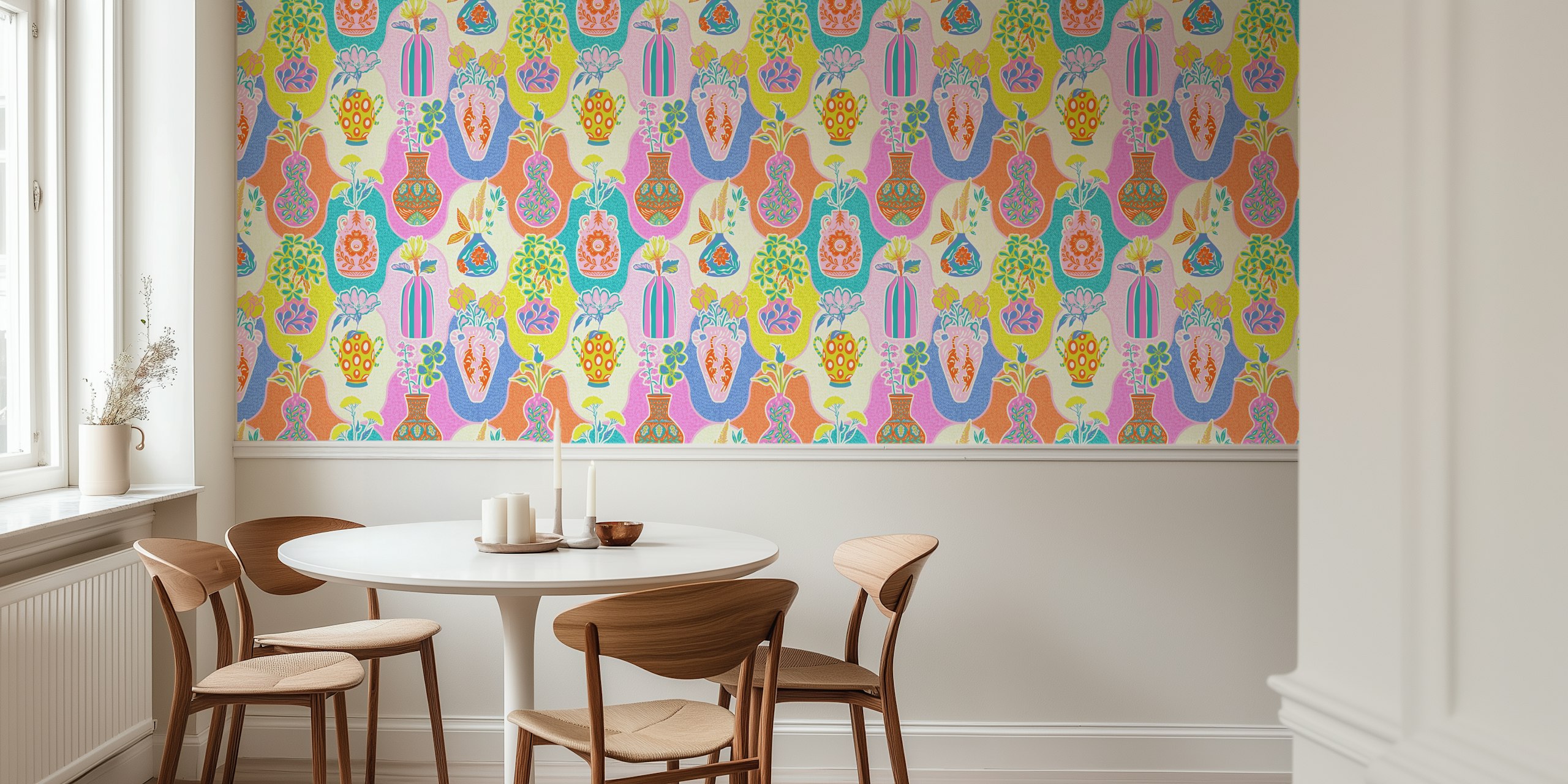Papel de parede Colorful Kitschy Floral Vases em um quarto