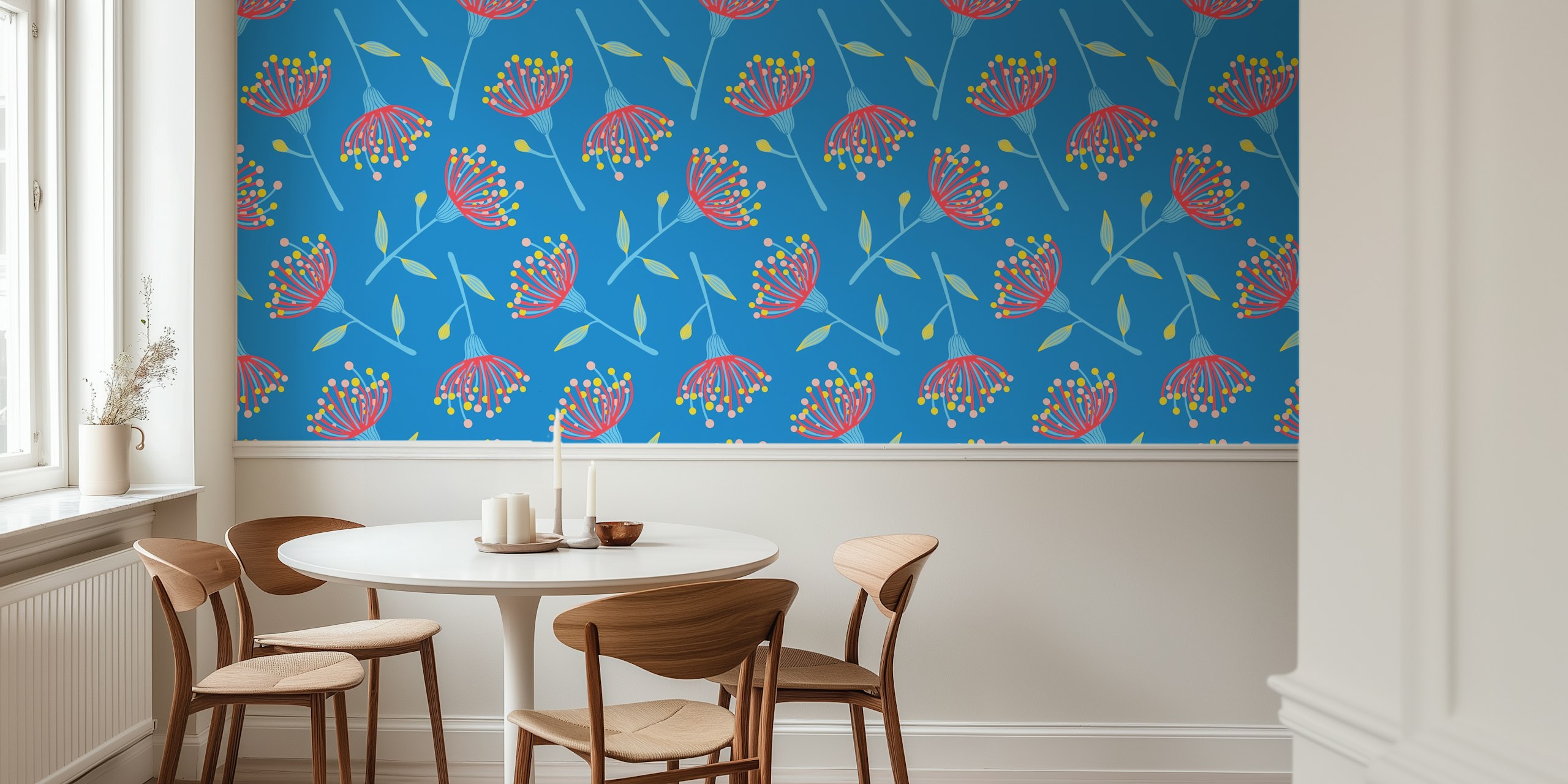 Eucalyptus tossed floral wallpaper in a room