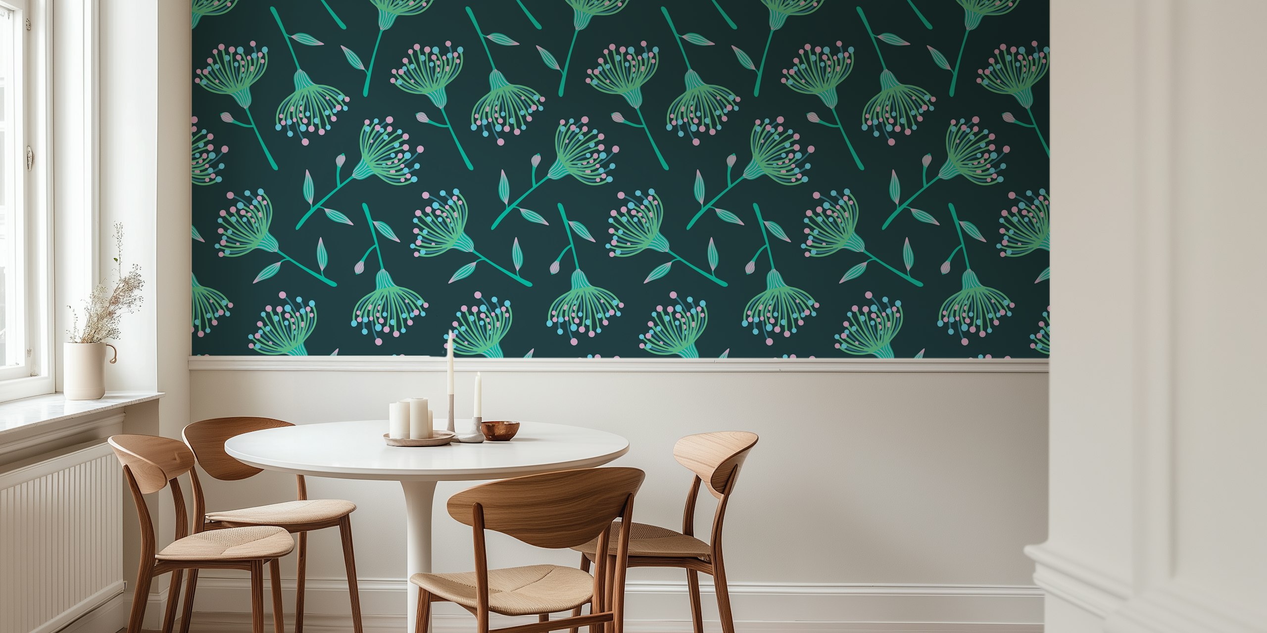 Eucalyptus tossed floral wallpapers u akvamarin i tirkiz