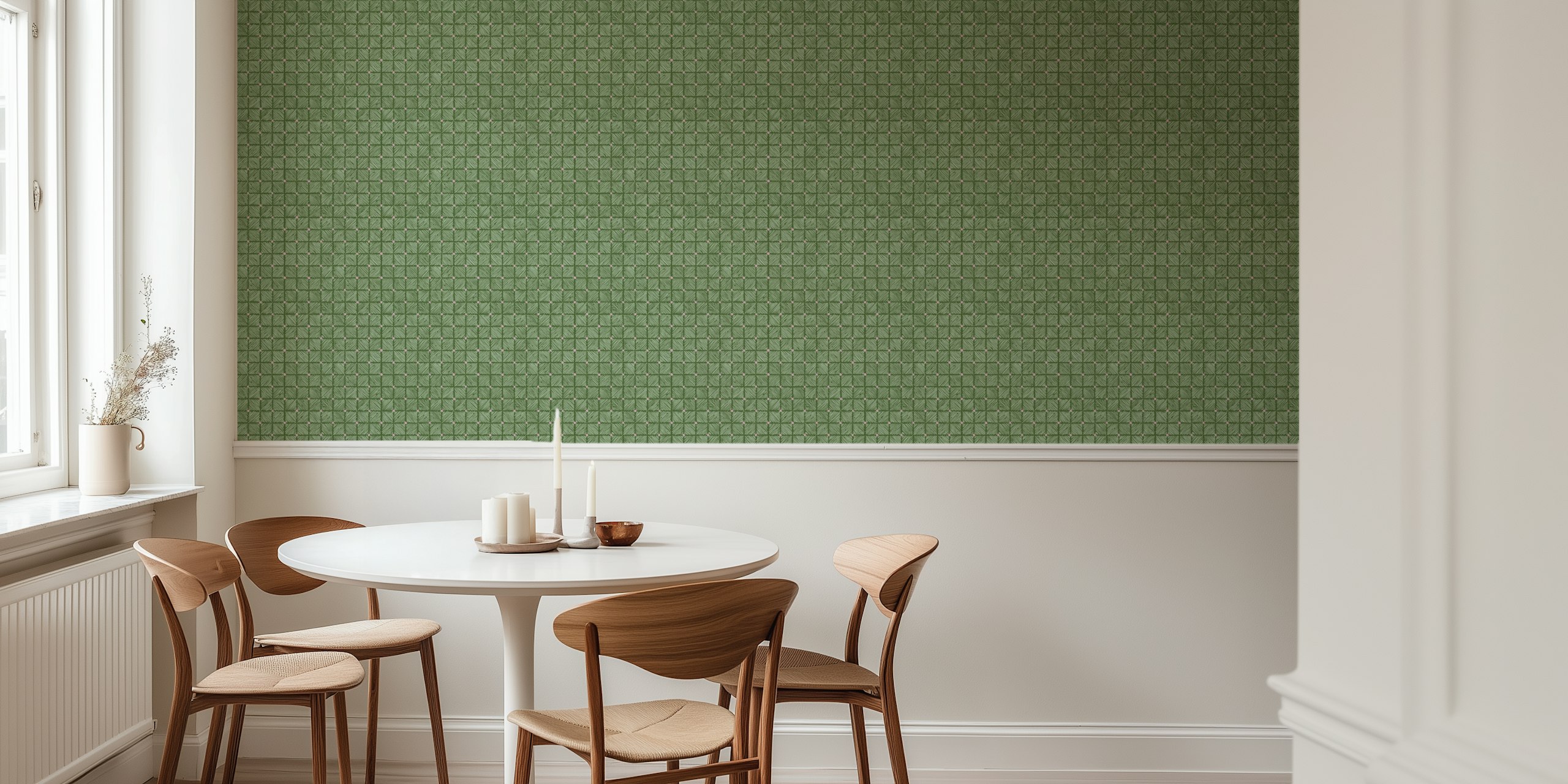 Geometric block print pattern in green with pink accents wallpaper