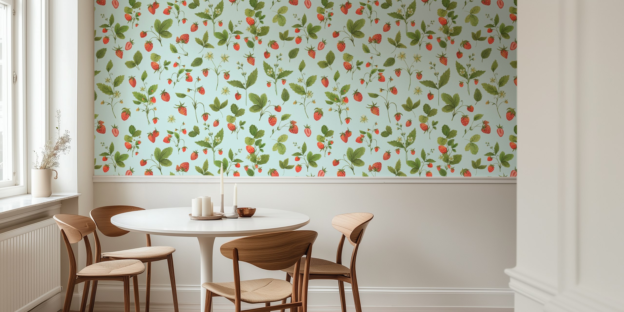Blue floral strawberry design with green leaves wallpaper