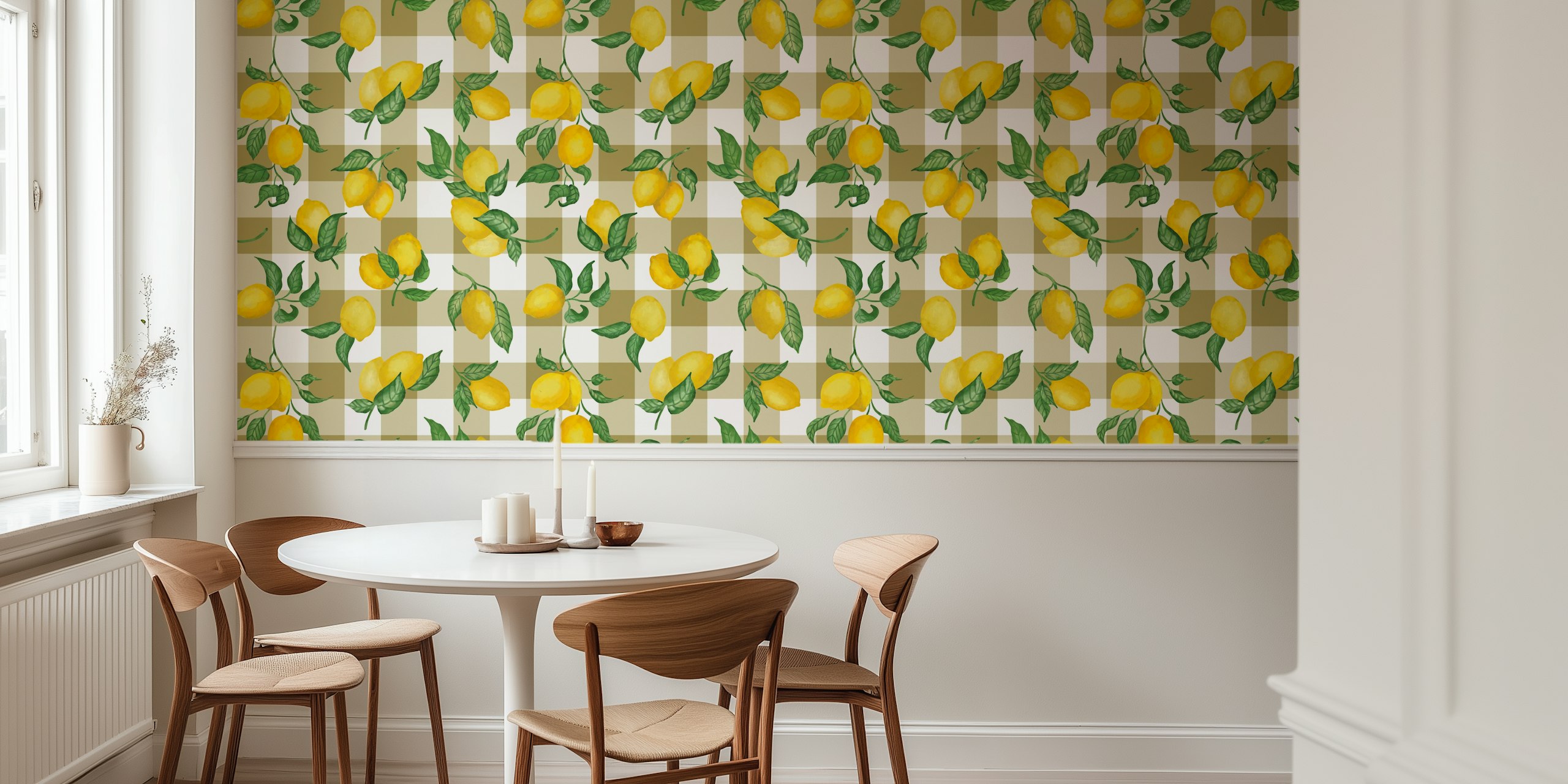 Lemon branches with green leaves on a bronze gingham background wallpaper