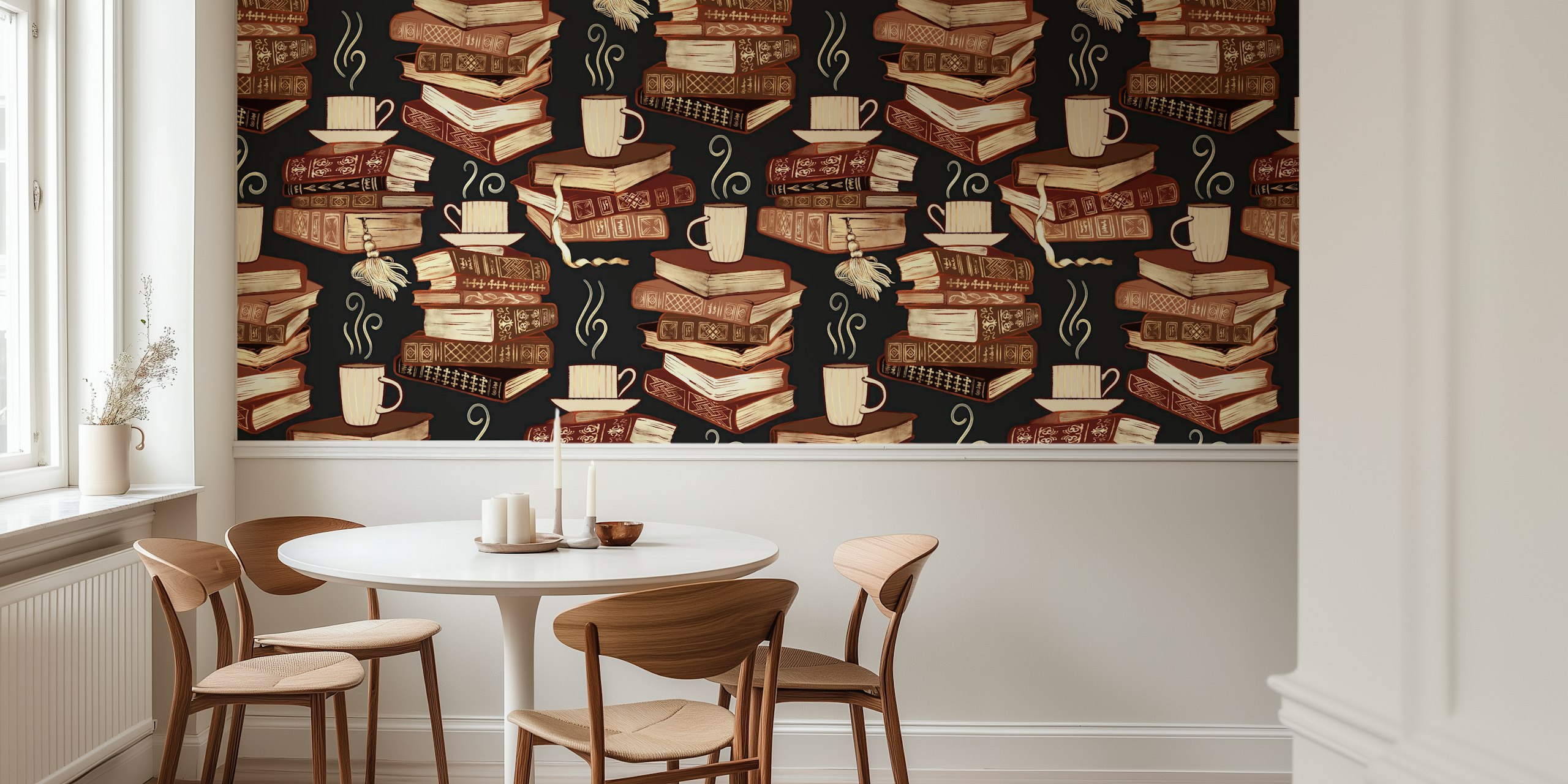 Design della carta da parati Bibliophile's Hygge in una stanza