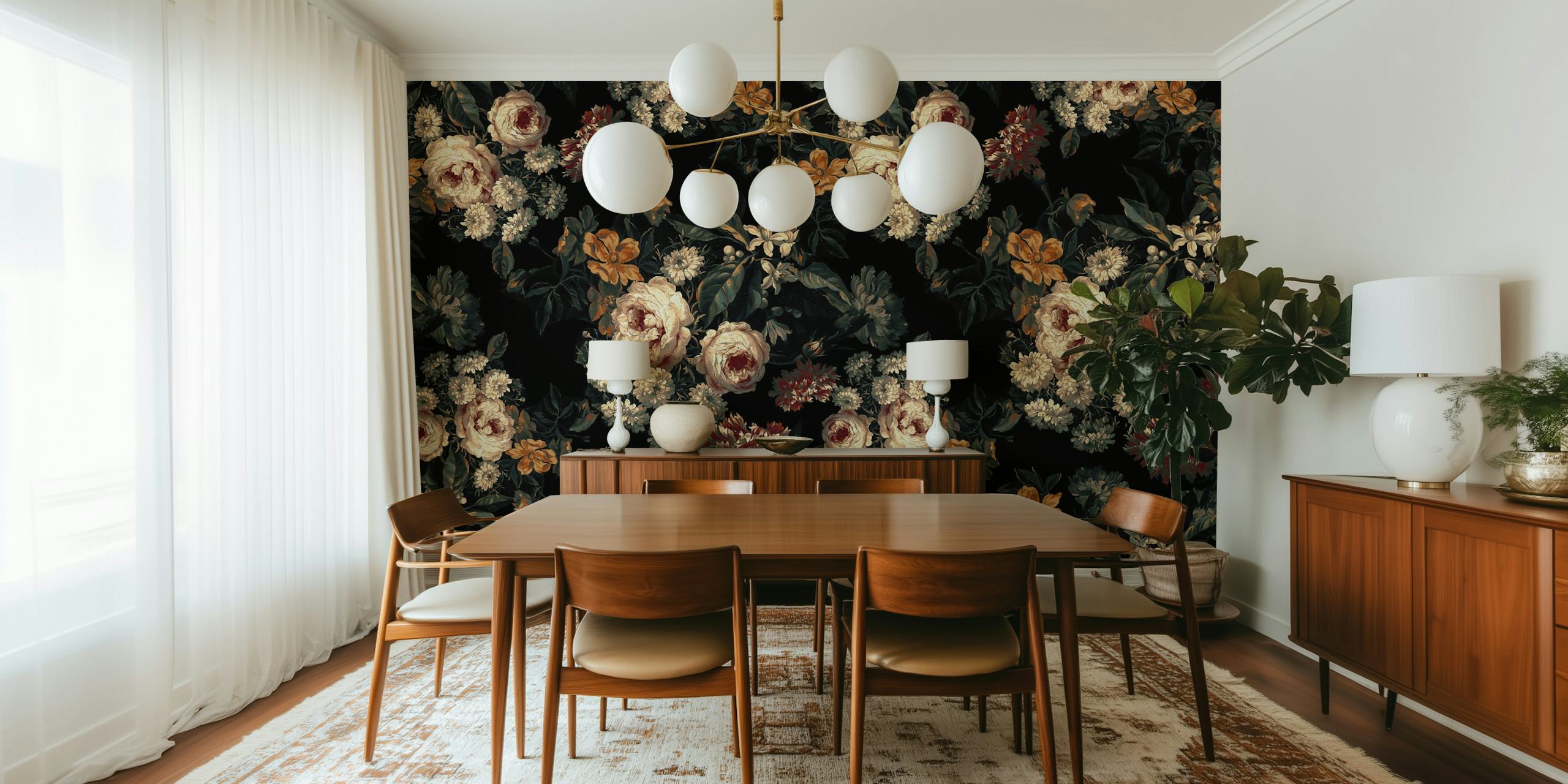 Dark floral wallpaper with roses and flowers in muted colors