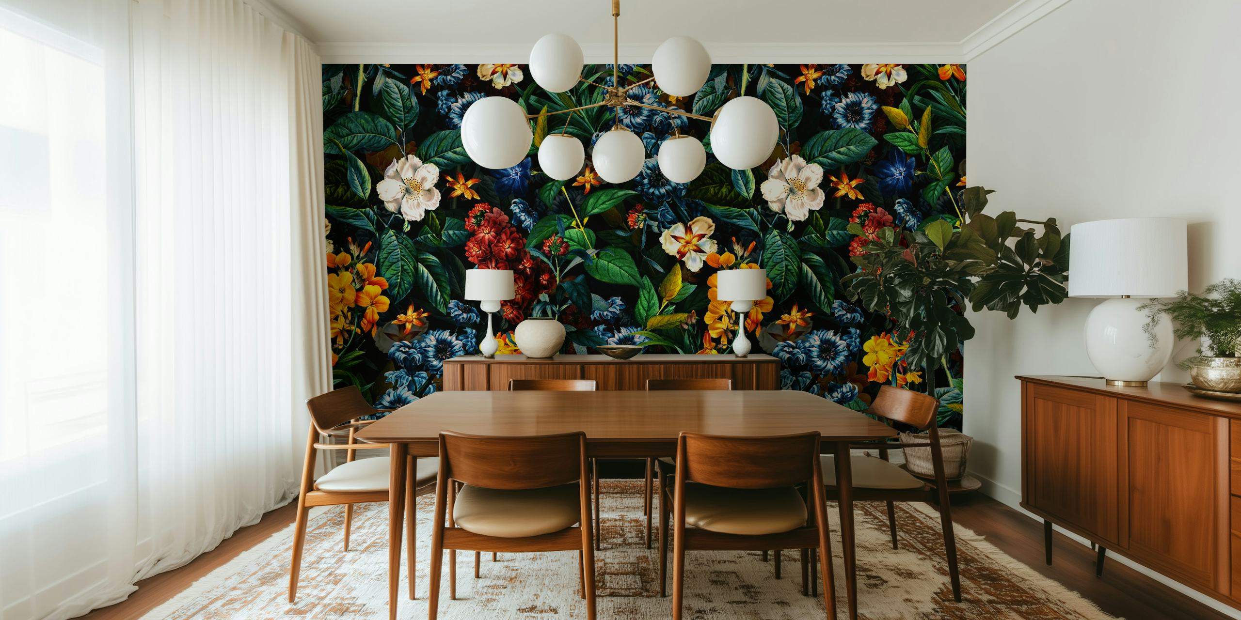 Papel pintado floral Mysterious Garden II en una habitación